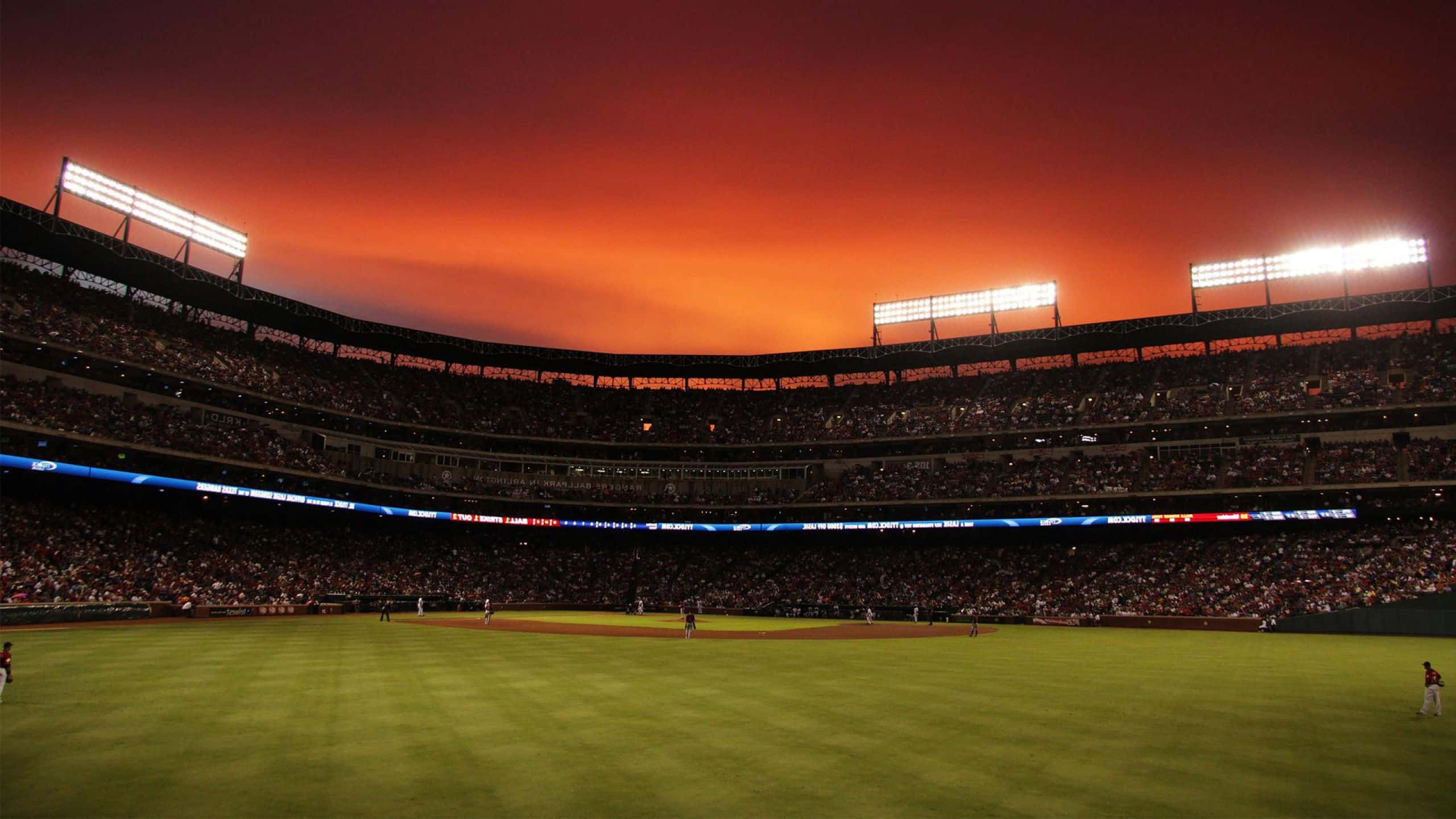 Baseball Stadium, sunset, fiery orange sky, 2K Desktop Wallpaper