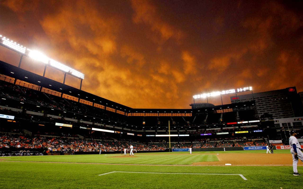 baseball stadium, night, fiery orange sky, HD Desktop Wallpaper