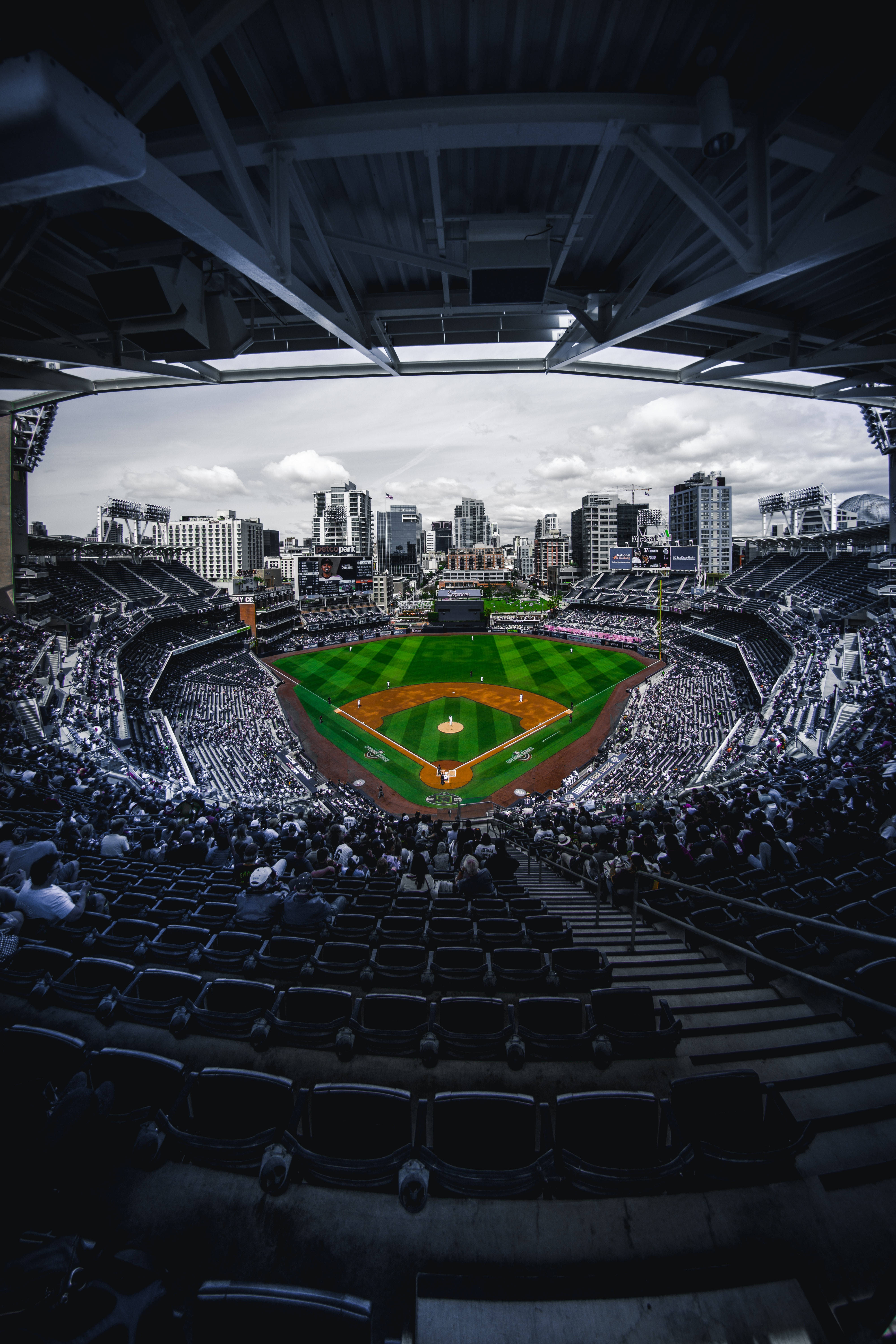 baseball stadium, fans, cloudy sky, 5K Phone Wallpaper