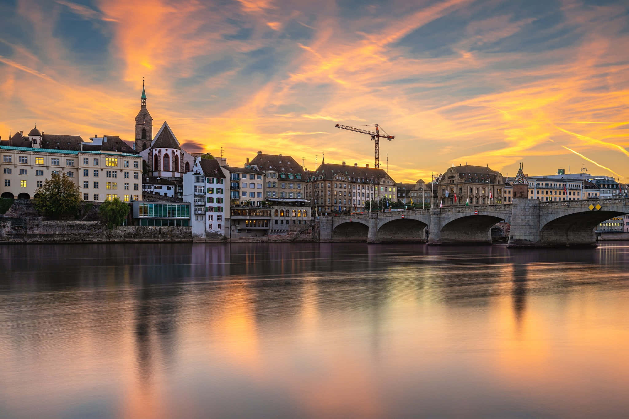 Basel, sunset, middle bridge, Full HD Desktop Wallpaper