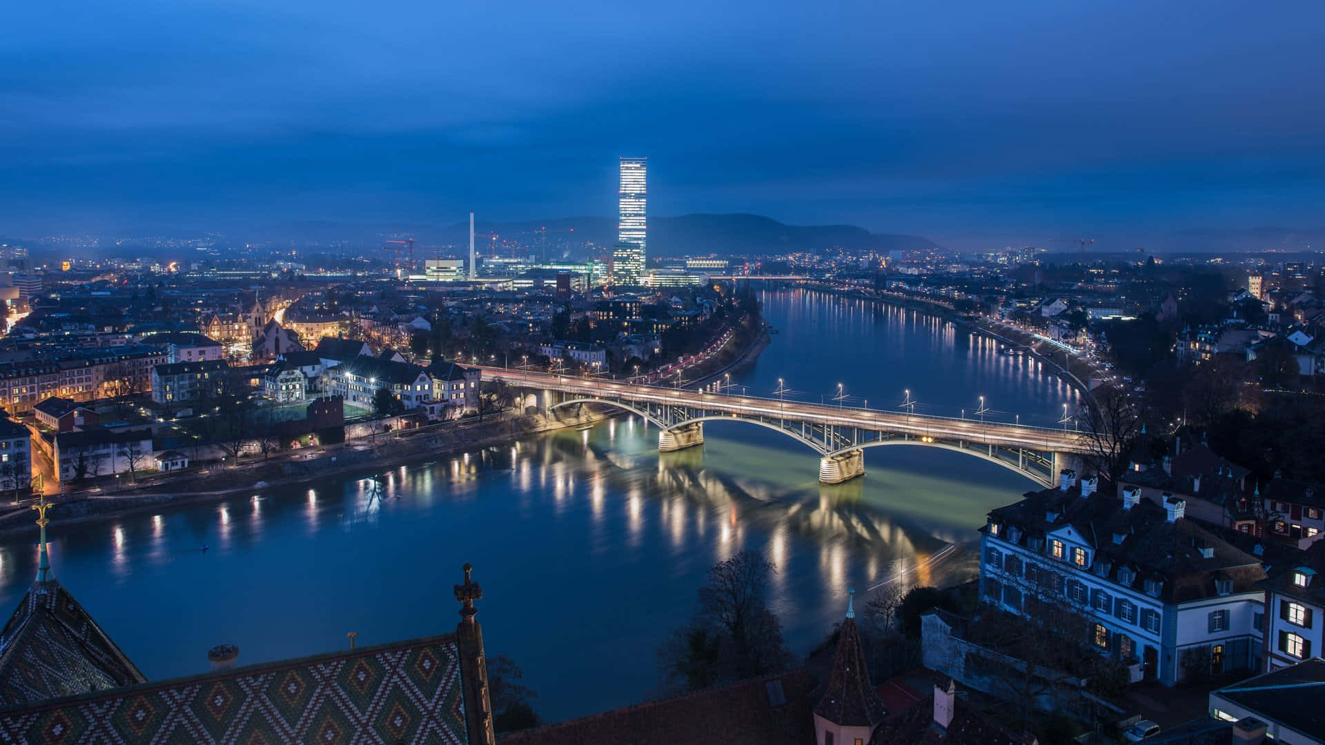 Basel, twilight, river, Full HD Desktop Wallpaper