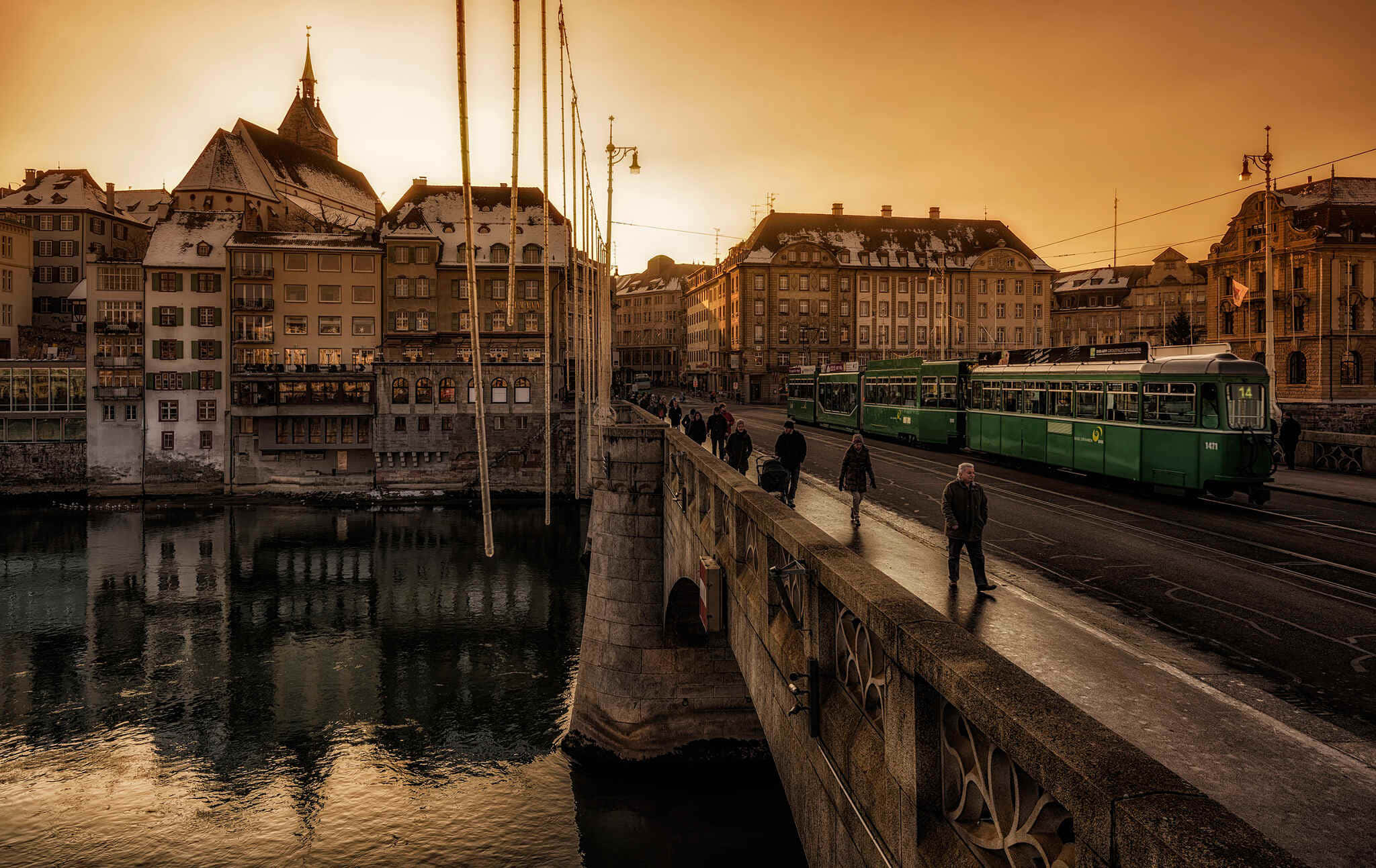 Basel, sunset glow, bridge, Full HD Desktop Wallpaper