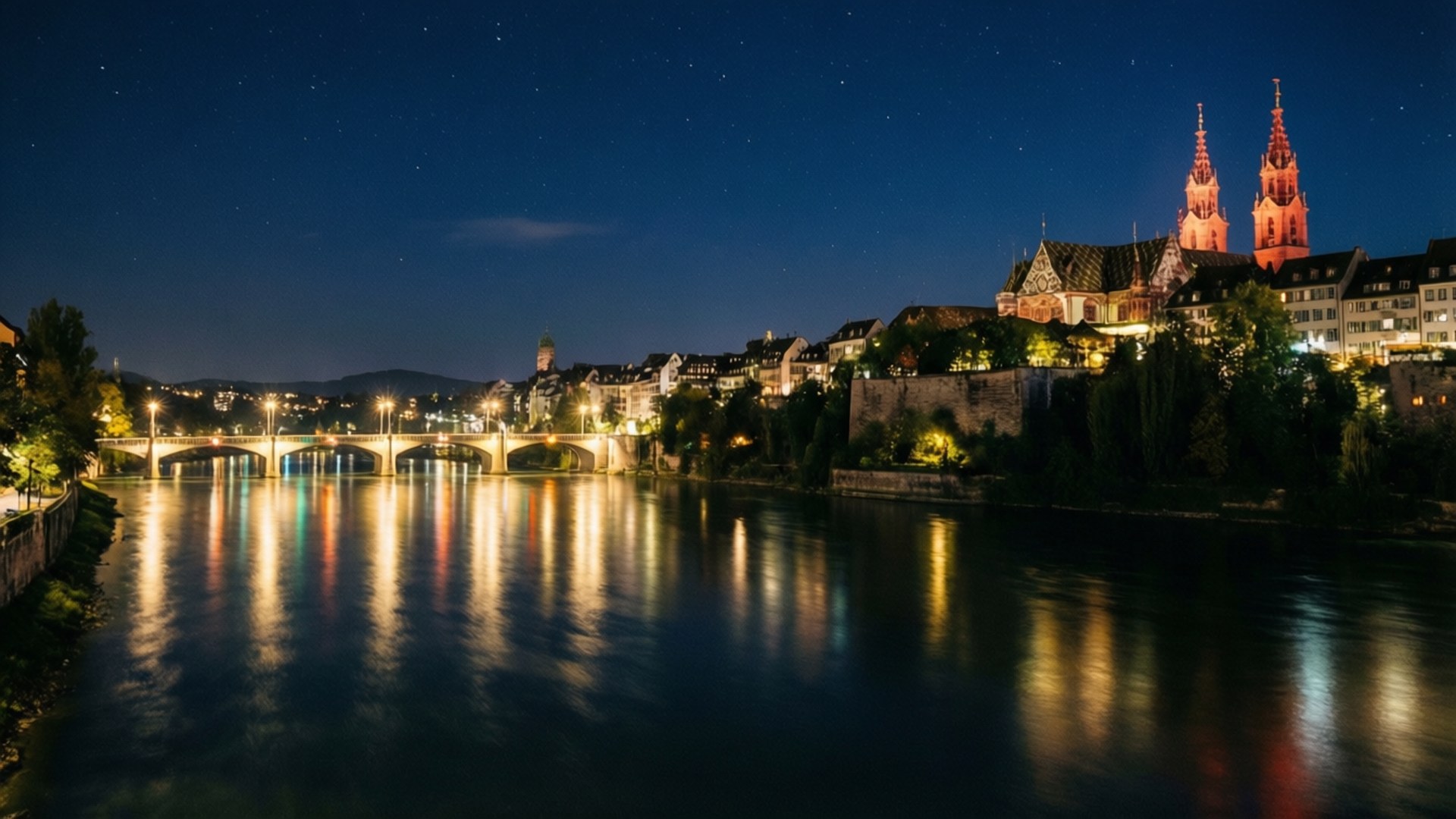 Basel, night, illuminated riverside, Full HD Desktop Wallpaper