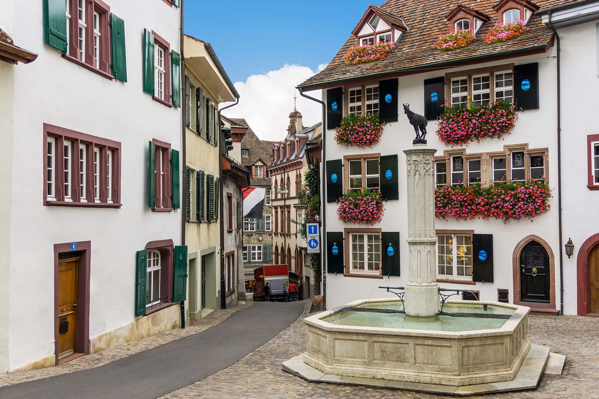 Basel, stone fountain, goat statue, Full HD Desktop Wallpaper