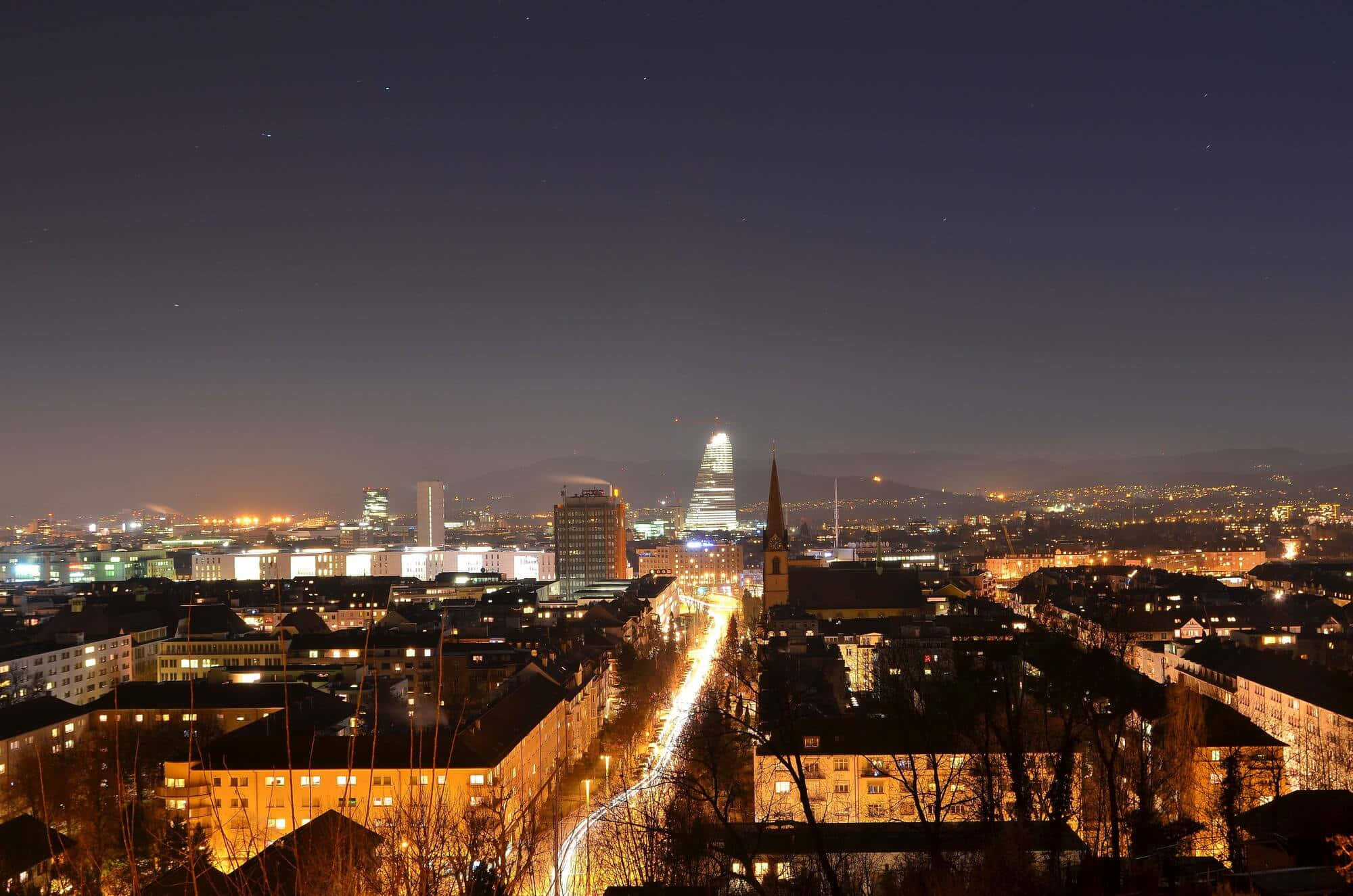 Basel, Night Skyline, glowing streetlights, Full HD Desktop Wallpaper