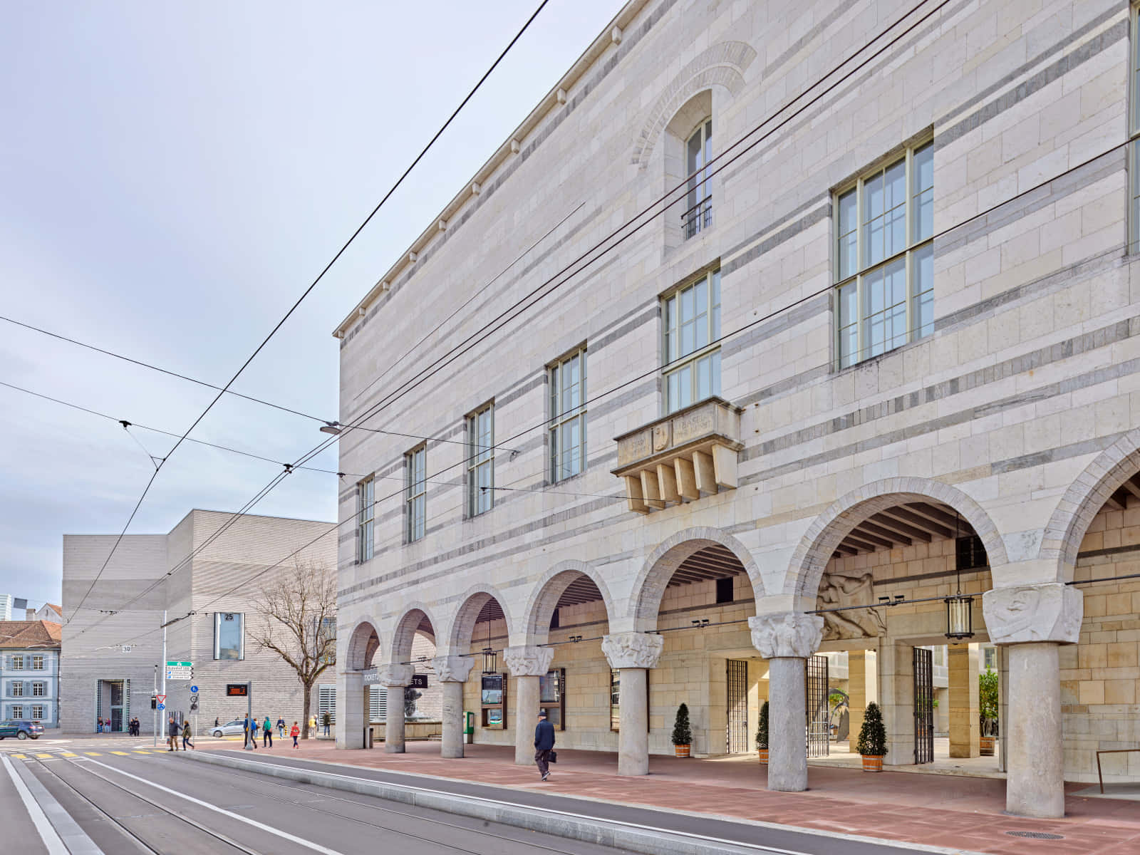 Basel, arched colonnades, tram lines, HD Desktop Wallpaper