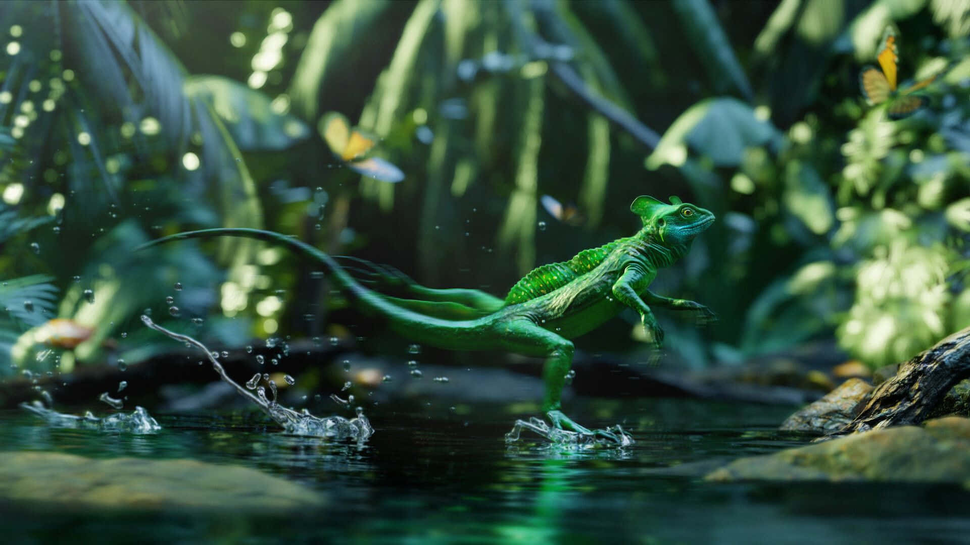 Basilisk Lizard, running on water, vibrant green, Full HD Desktop Wallpaper