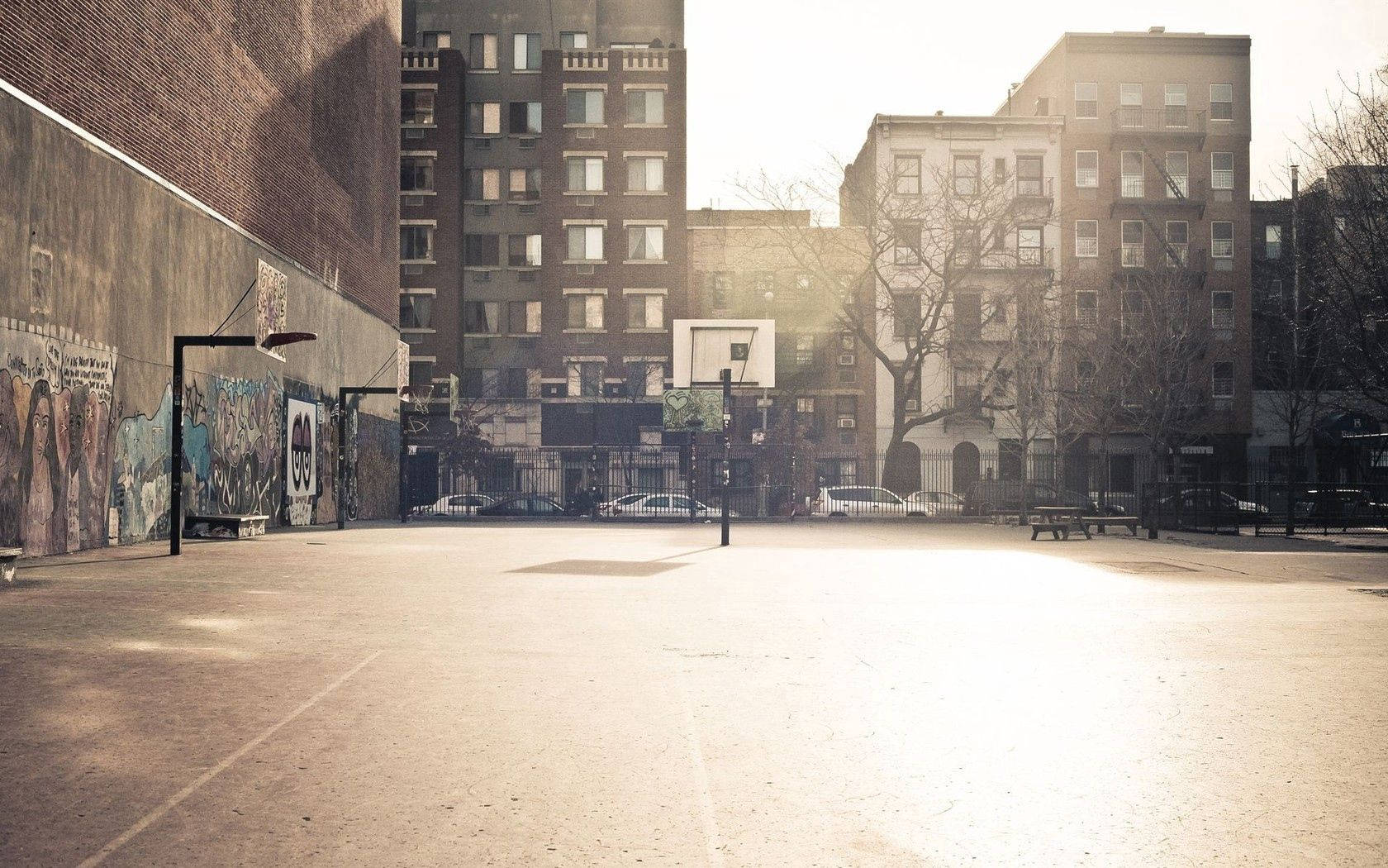 City Basketball Court Street, sunlight, urban basketball court, HD Desktop Wallpaper