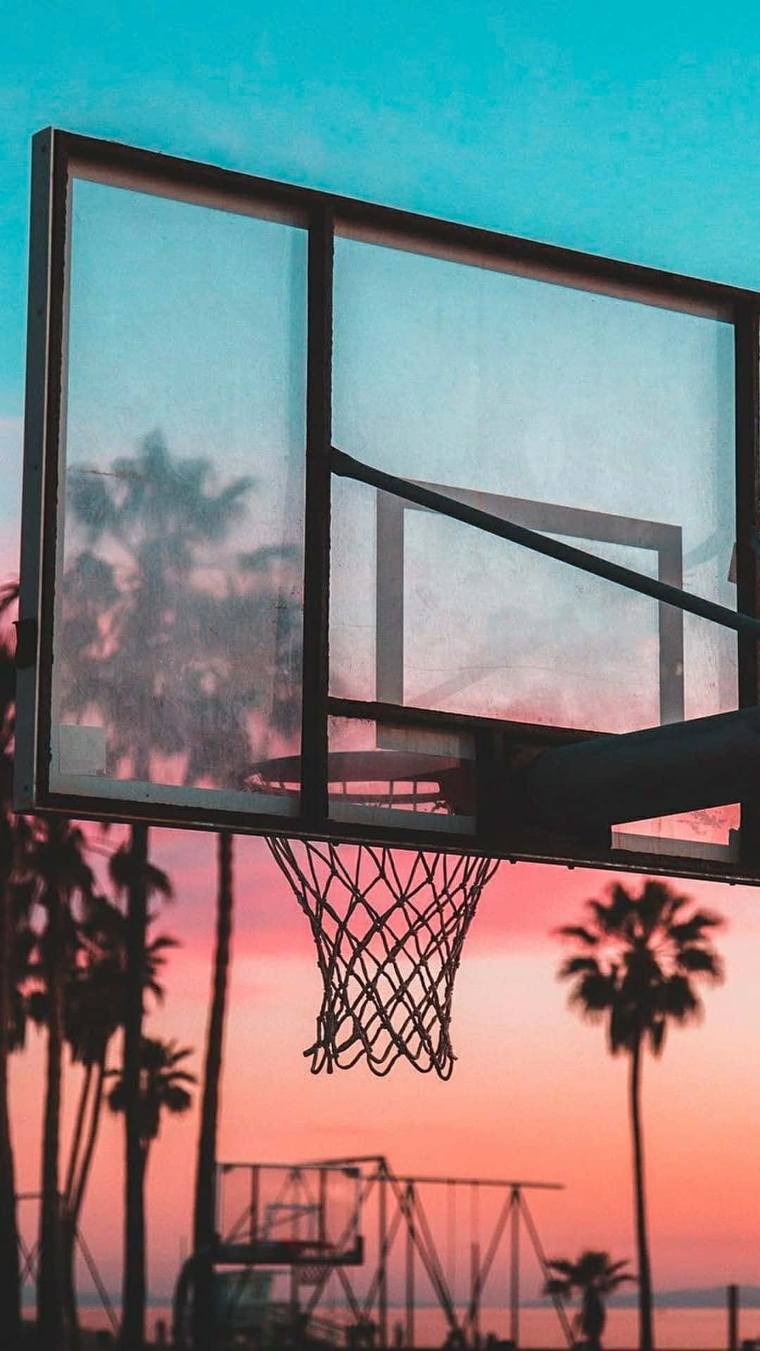 basketball hoop, vibrant sunset sky, palm trees, Full HD Phone Wallpaper