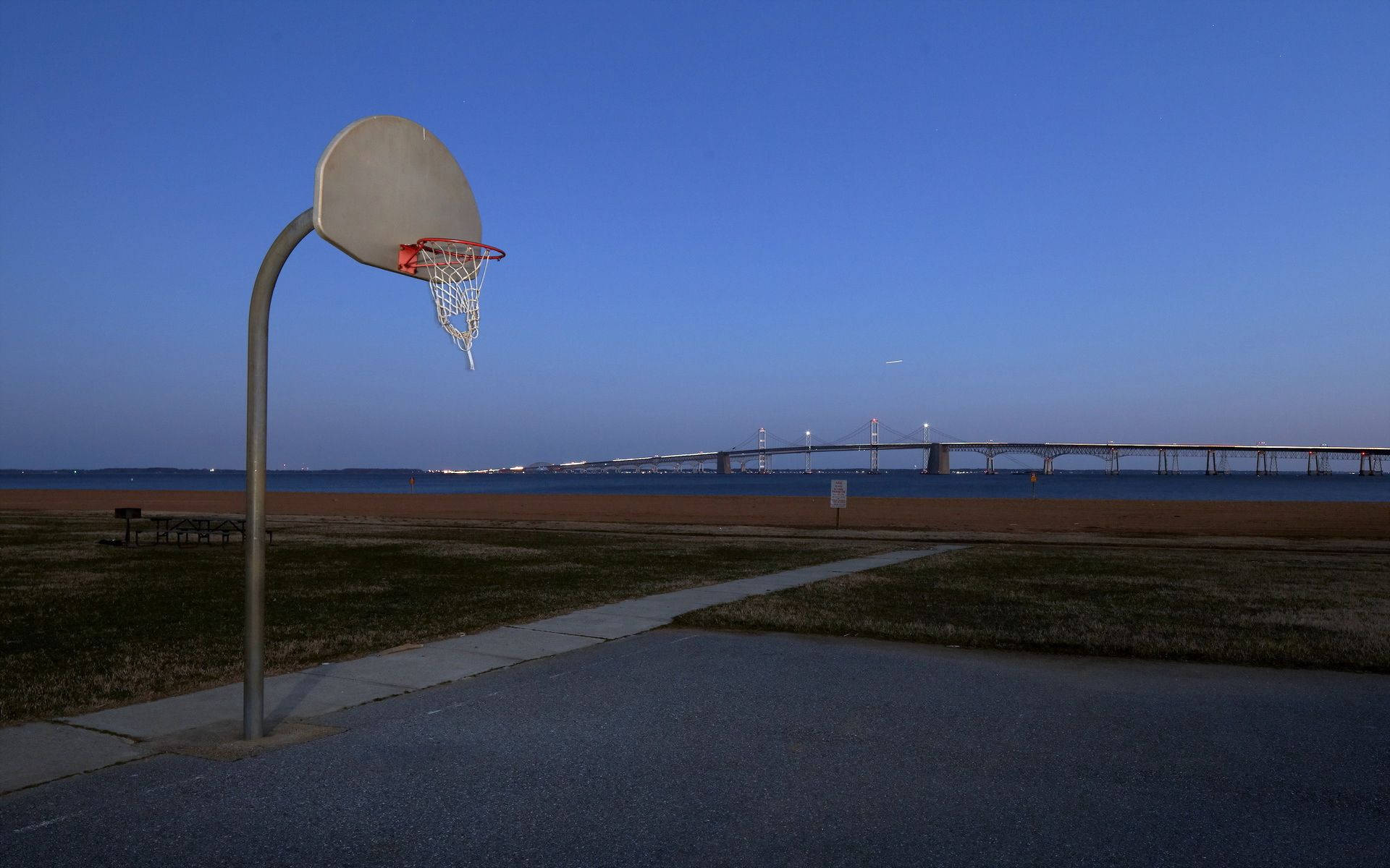 basketball hoop, empty court, dusk, Full HD Desktop Wallpaper