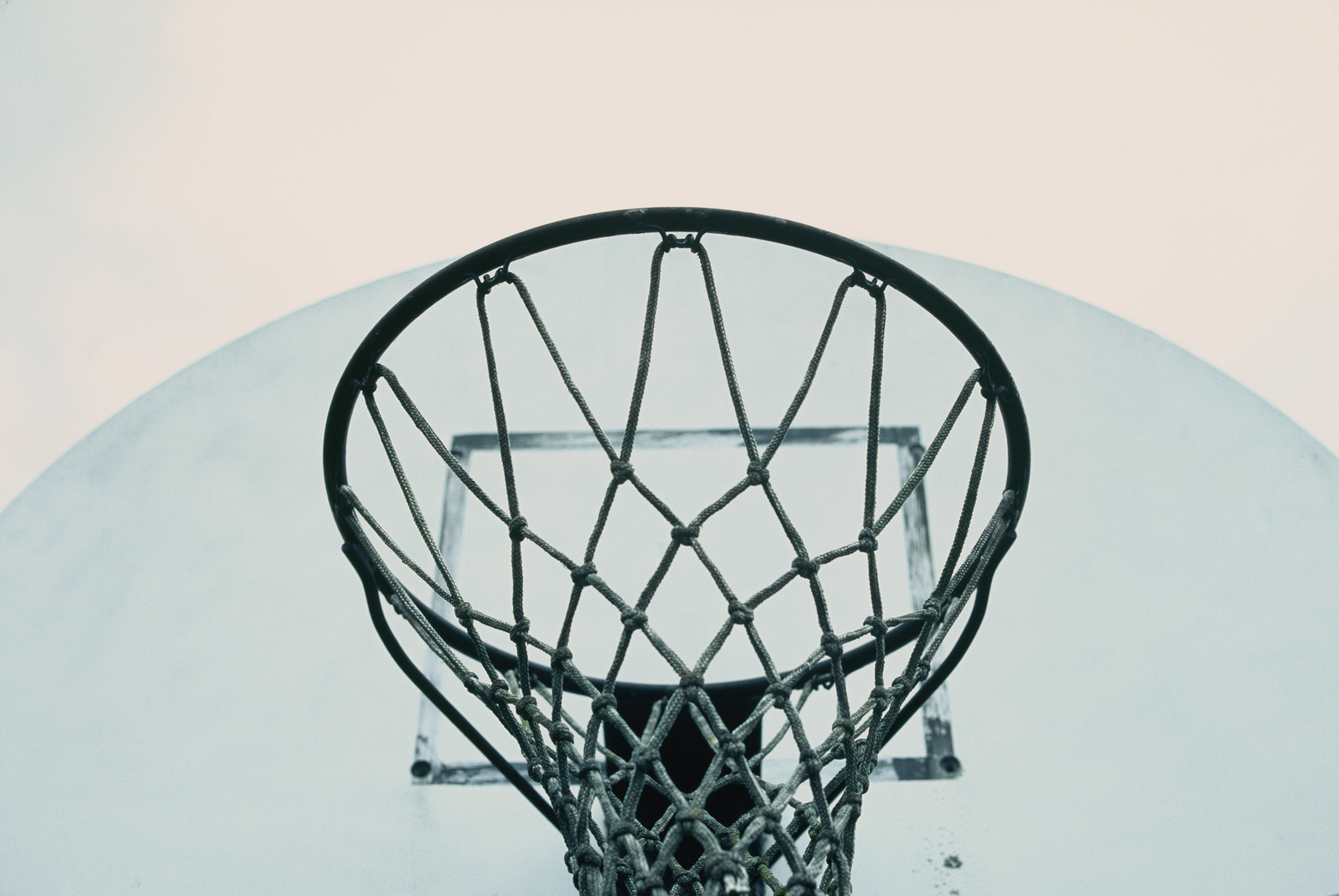 dark gray basketball ring net, pale sky, faded backboard, 5K Desktop Wallpaper
