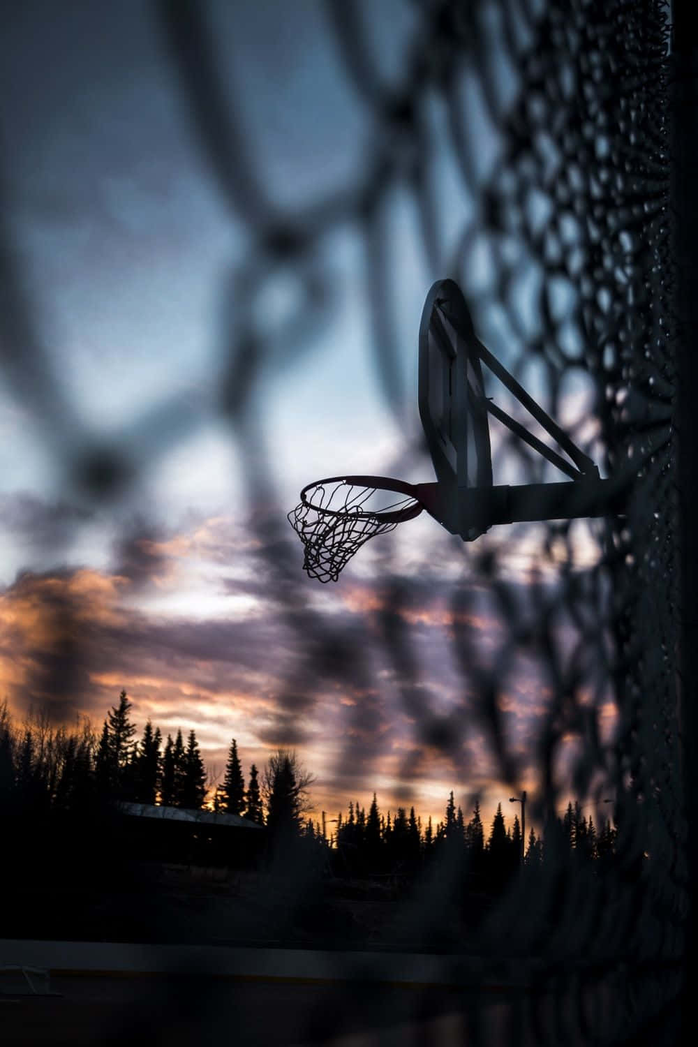 basketball hoop, vibrant sunset sky, chain-link fence, HD Phone Wallpaper