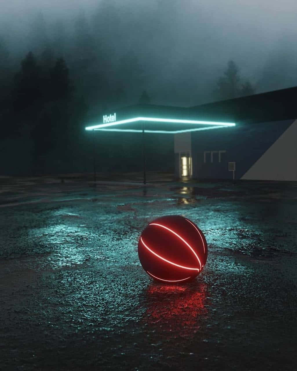 neon-lit hotel, wet pavement, glowing red sphere, HD Phone Wallpaper