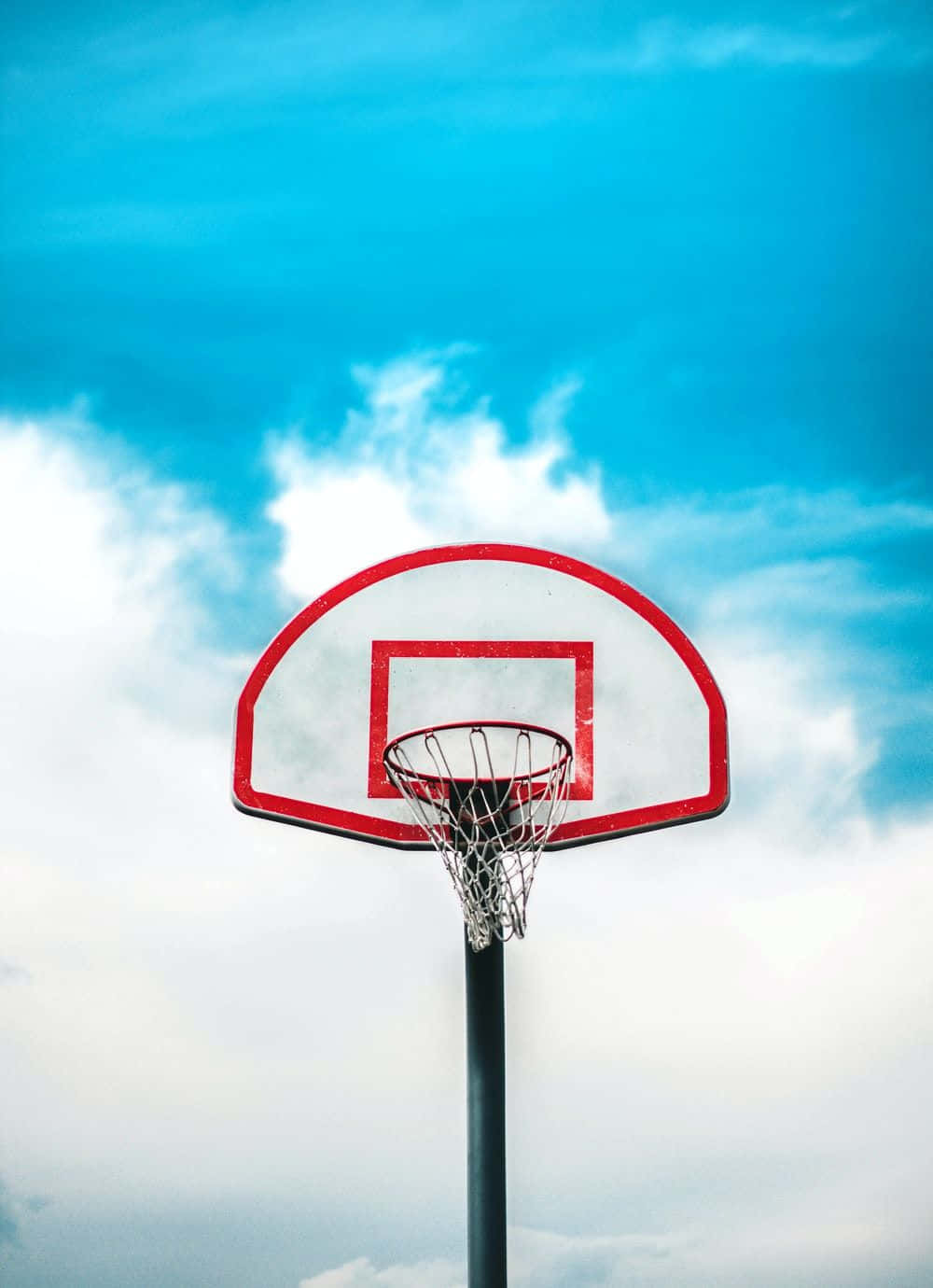 basketball hoop, vibrant blue sky, fluffy white clouds, HD Phone Wallpaper