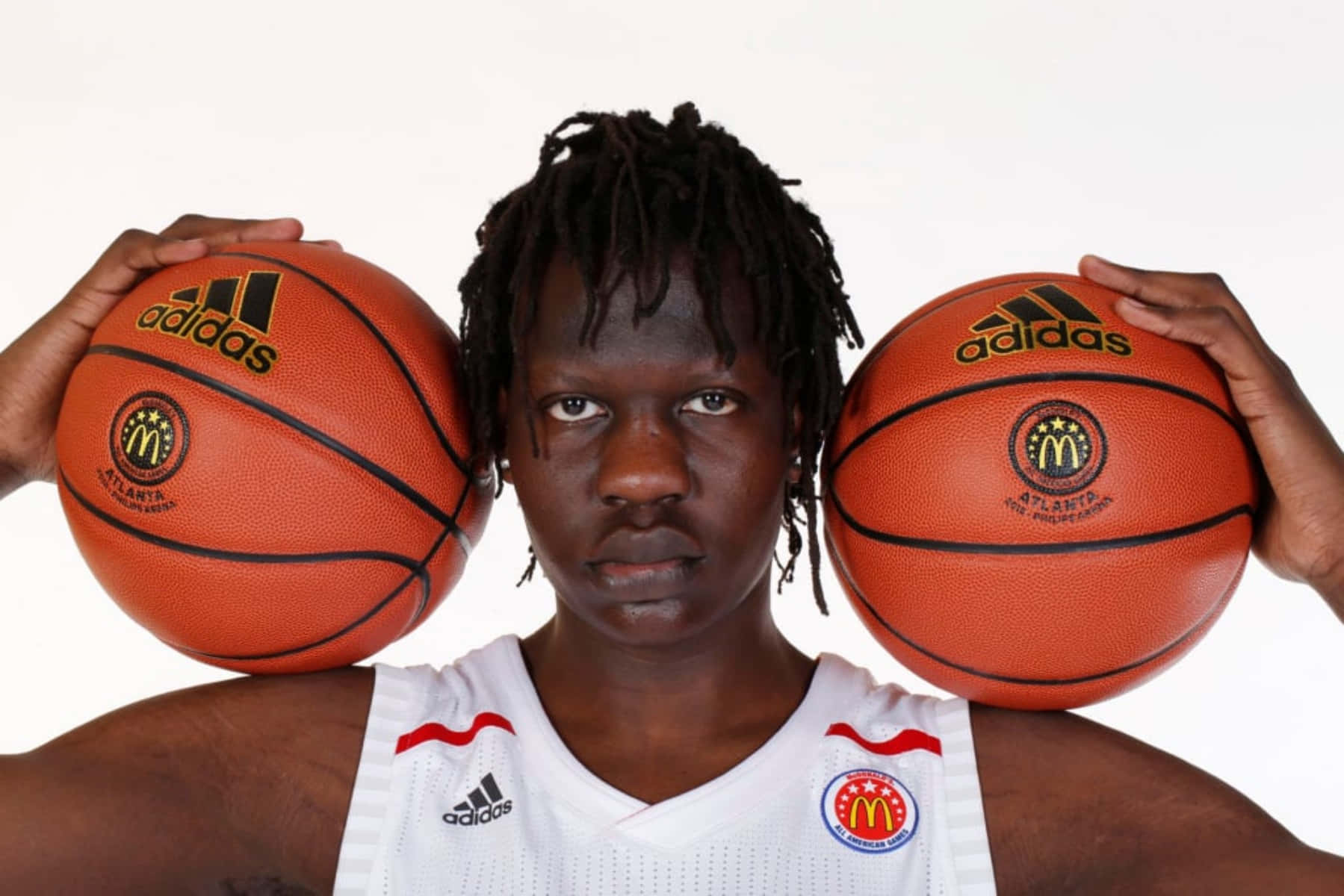 basketball player, two orange Adidas basketballs, plain white background, HD Desktop Wallpaper
