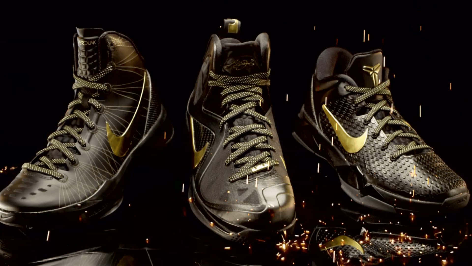 black gold basketball shoes, glowing accents, scattered sparks, Full HD Desktop Wallpaper