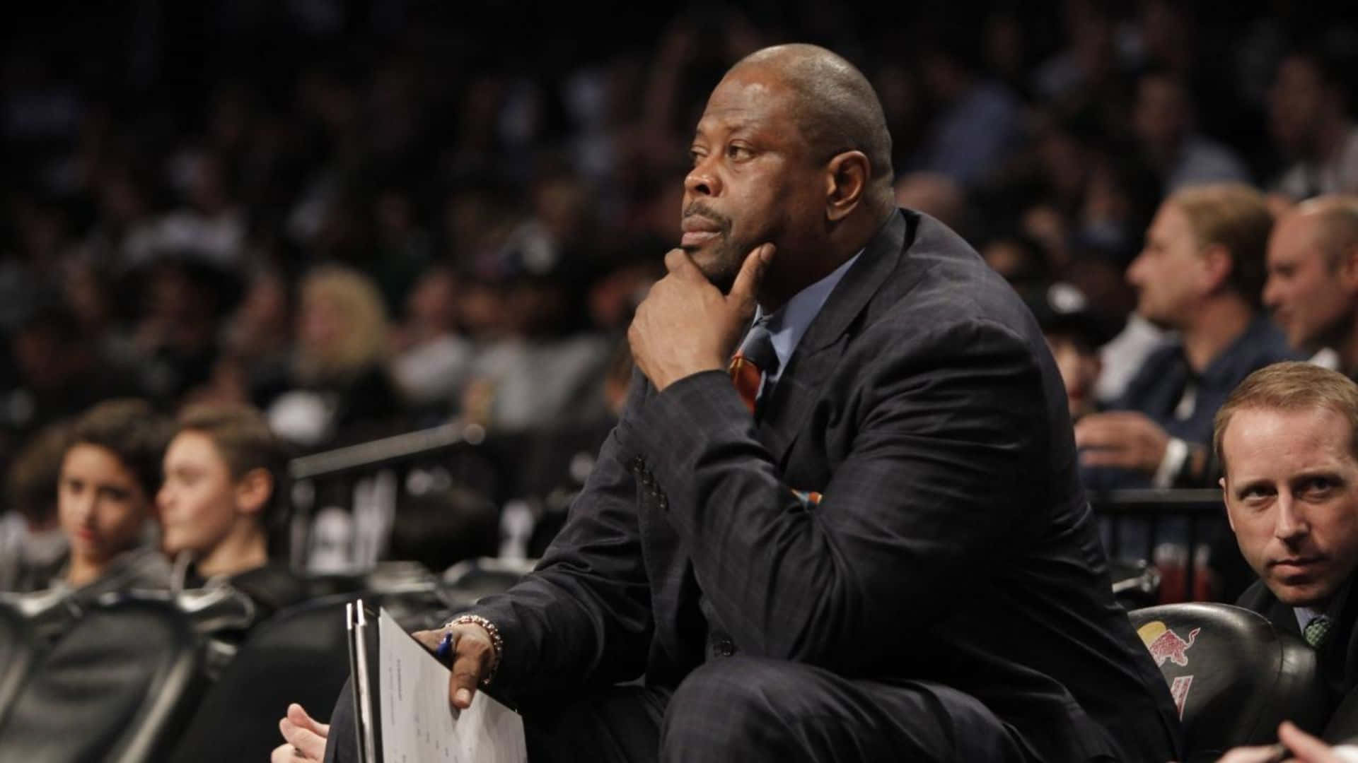 basketball coach, dark suit, bench, Full HD Desktop Wallpaper