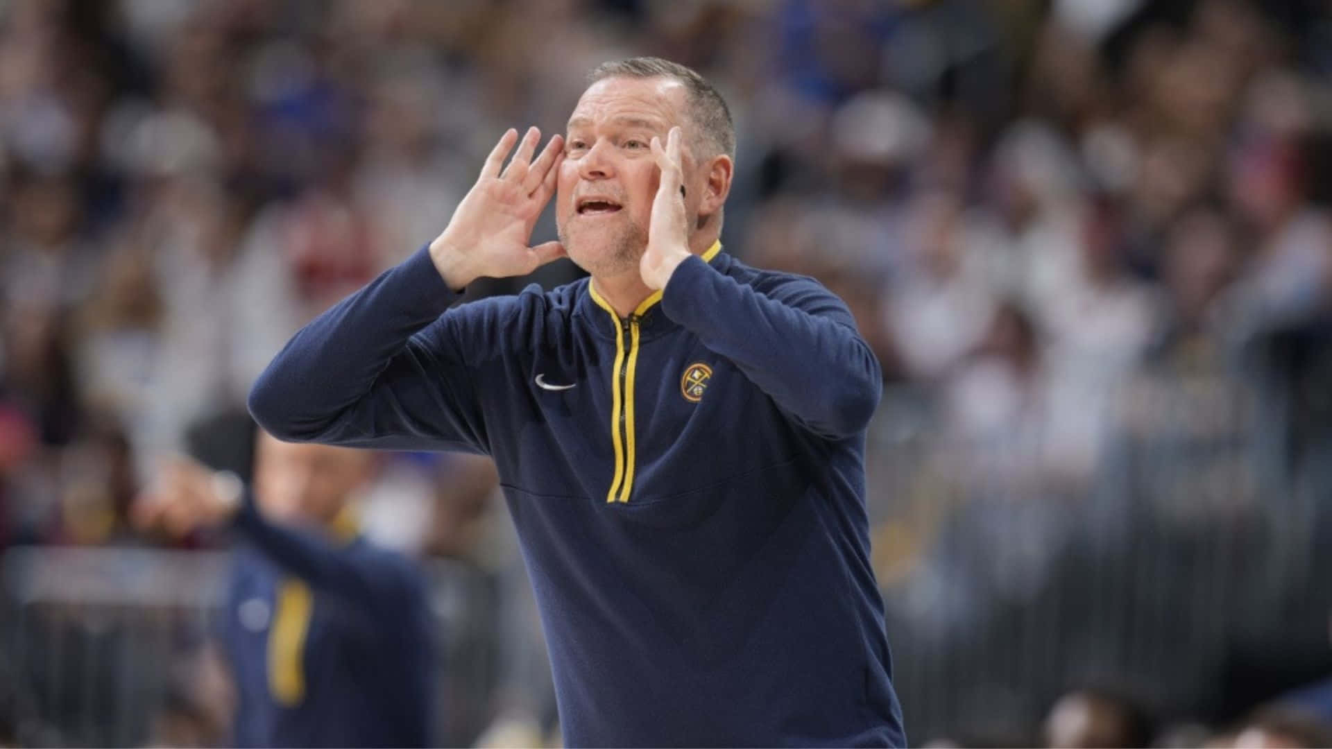 basketball coach, navy blue pullover, yellow zipper, Full HD Desktop Wallpaper