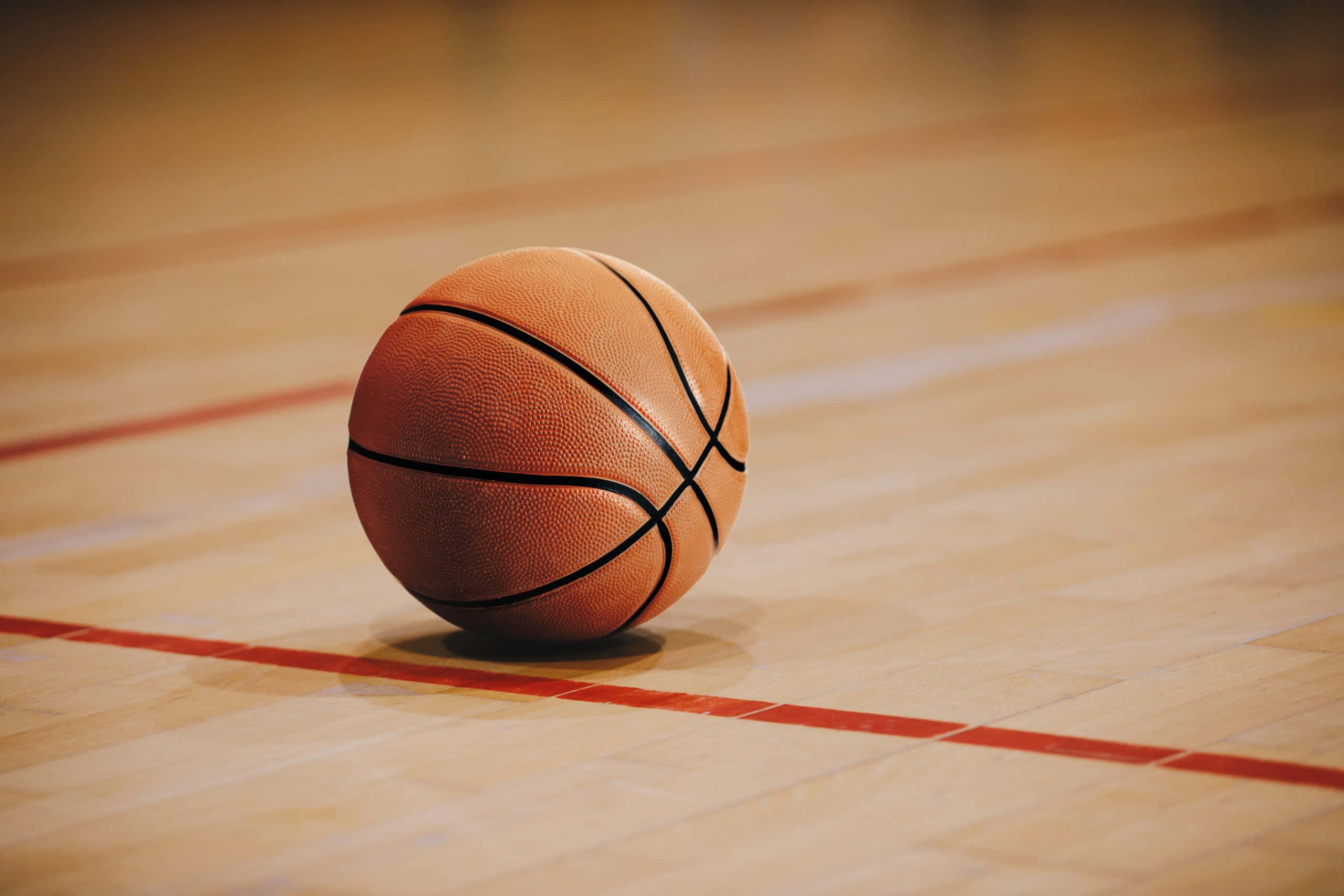 duplicitous ball in the court, orange basketball, polished wooden court, 2K Desktop Wallpaper