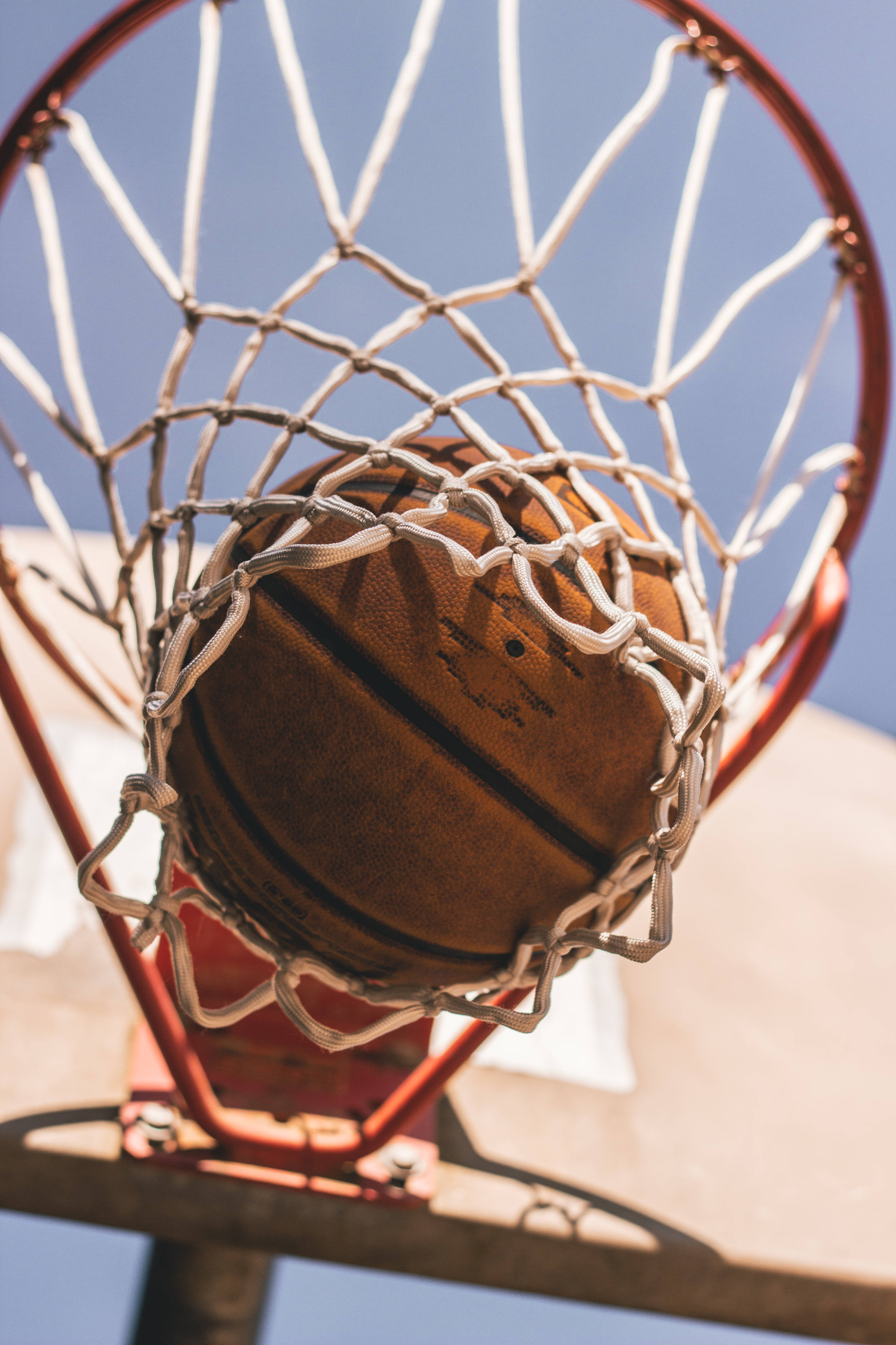 basketball, red hoop net, clear blue sky, 5K Phone Wallpaper