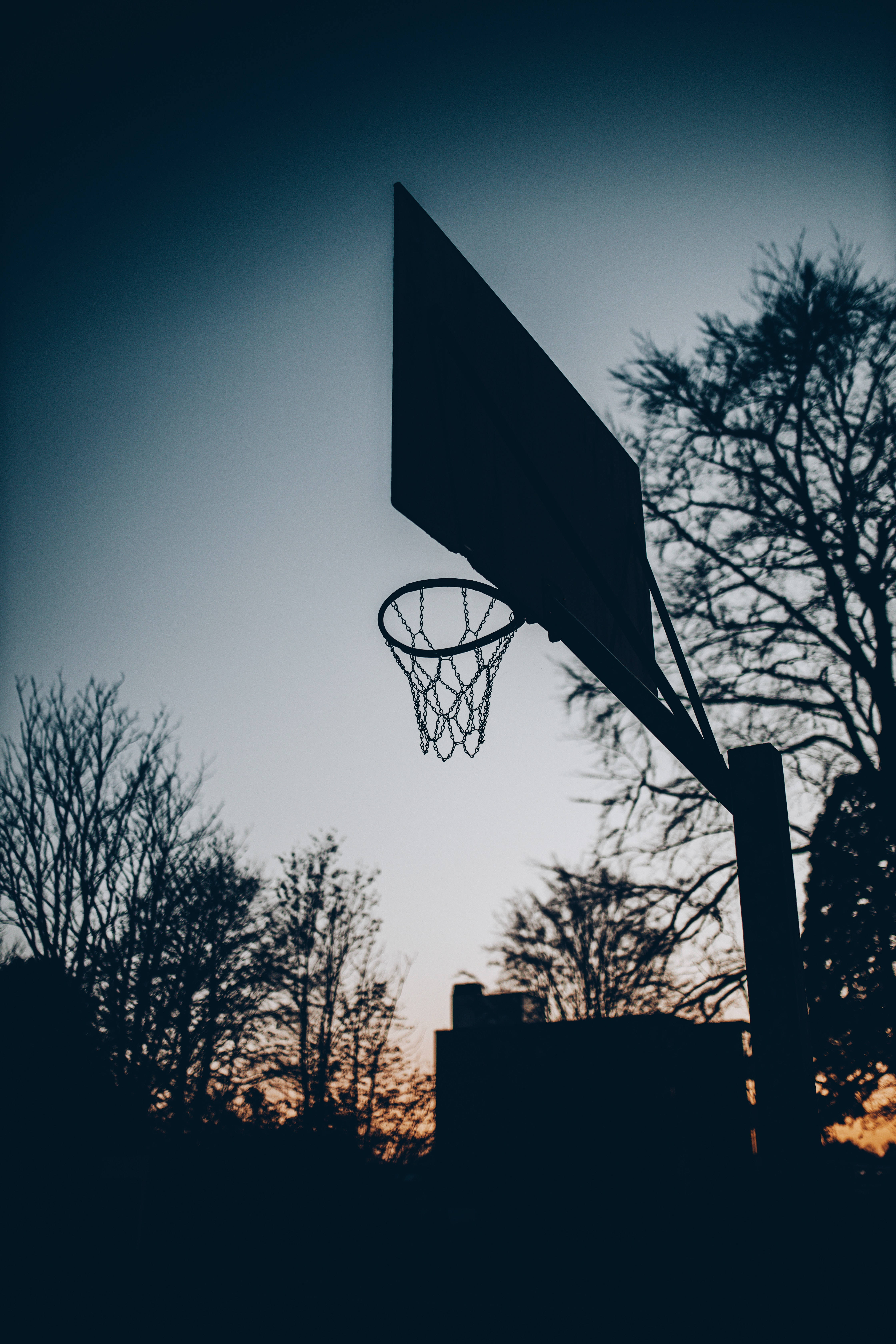 basketball hoop, twilight sky, bare trees, 5K Phone Wallpaper