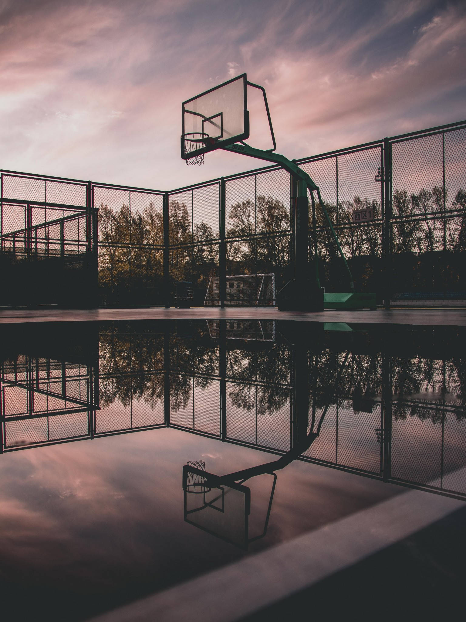 basketball hoop, twilight sky, puddle, Full HD Phone Wallpaper