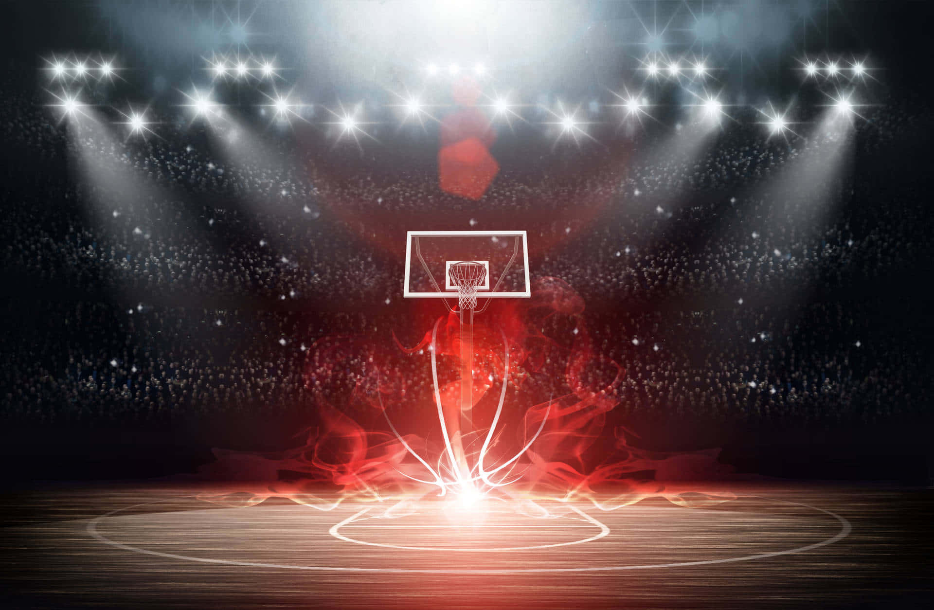 black basketball court, basketball hoop, fiery red energy, Full HD Desktop Wallpaper
