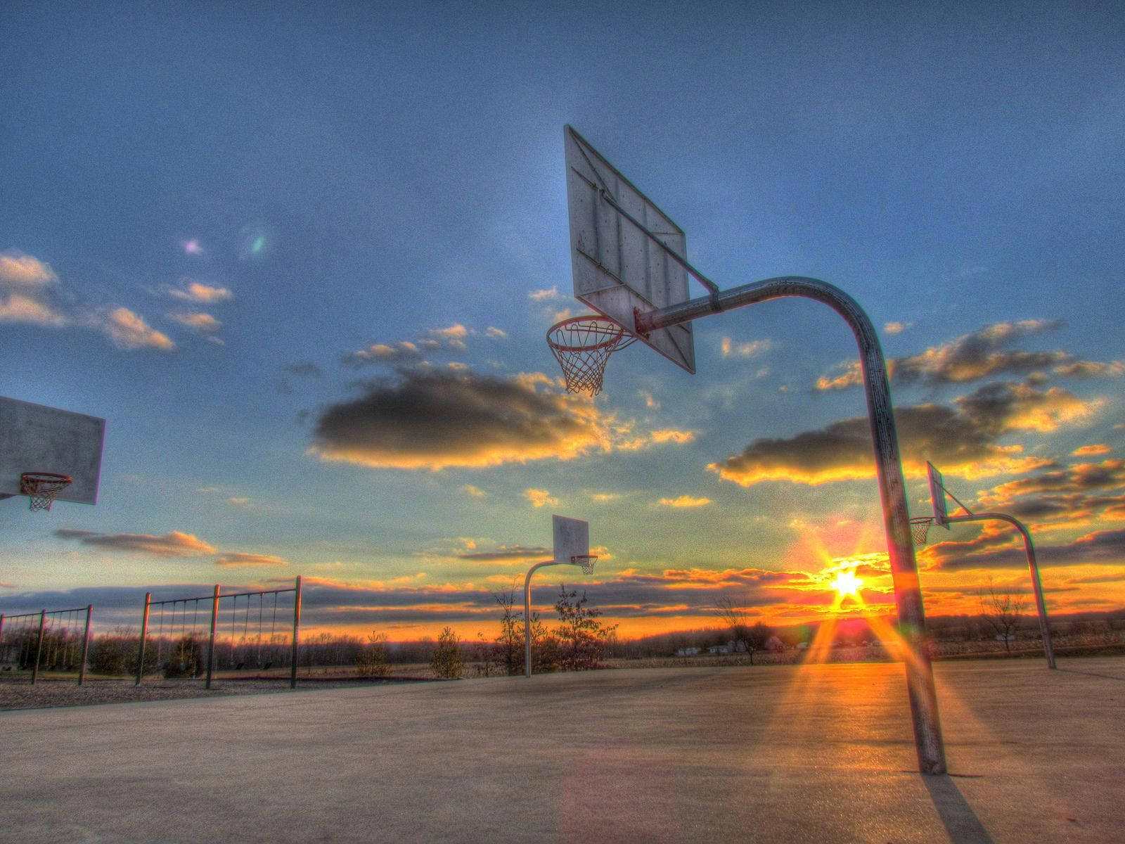 sunset, basketball hoop, golden clouds, HD Desktop Wallpaper