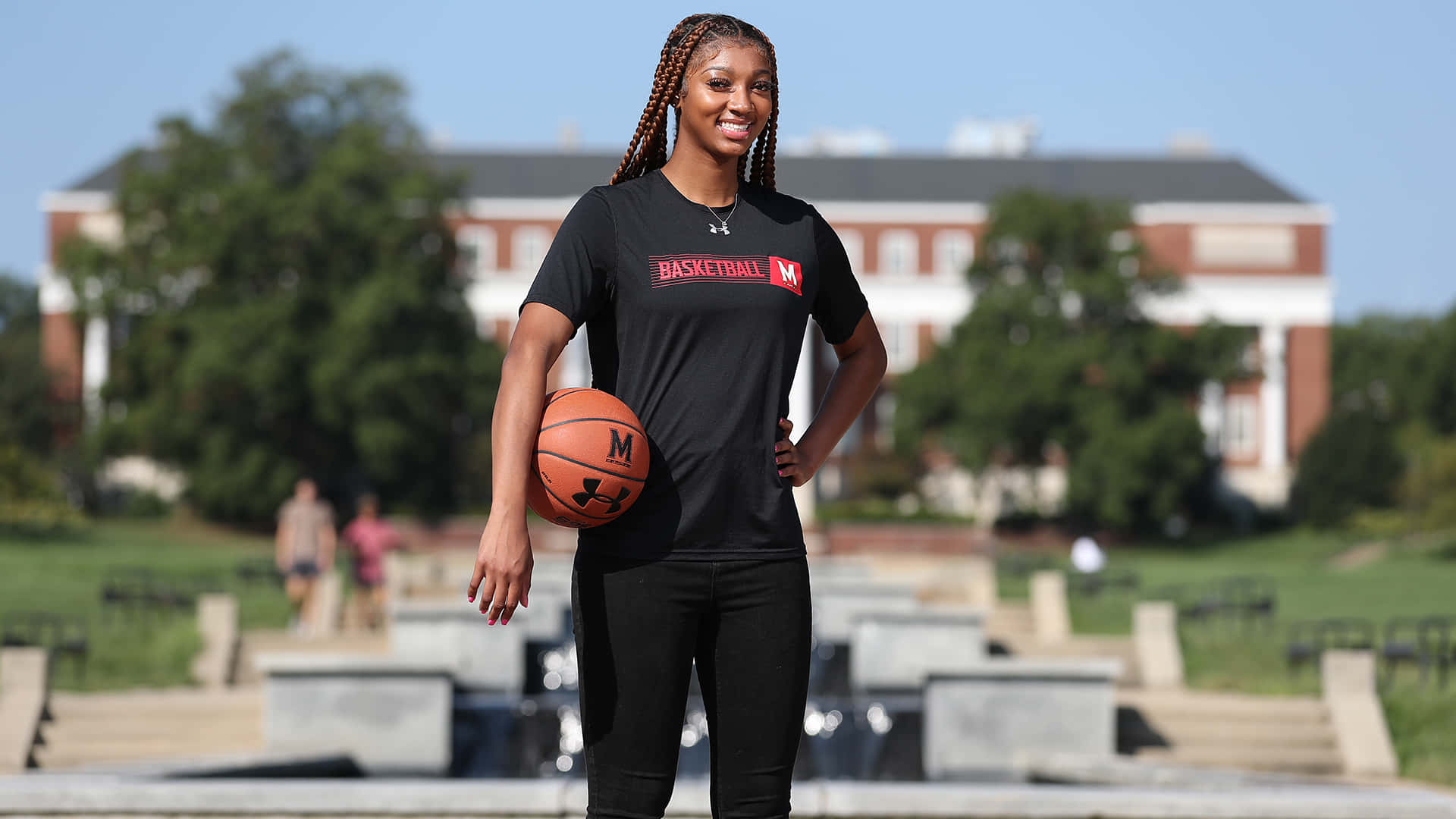 female basketball player, university campus, black basketball shirt, Full HD Desktop Wallpaper