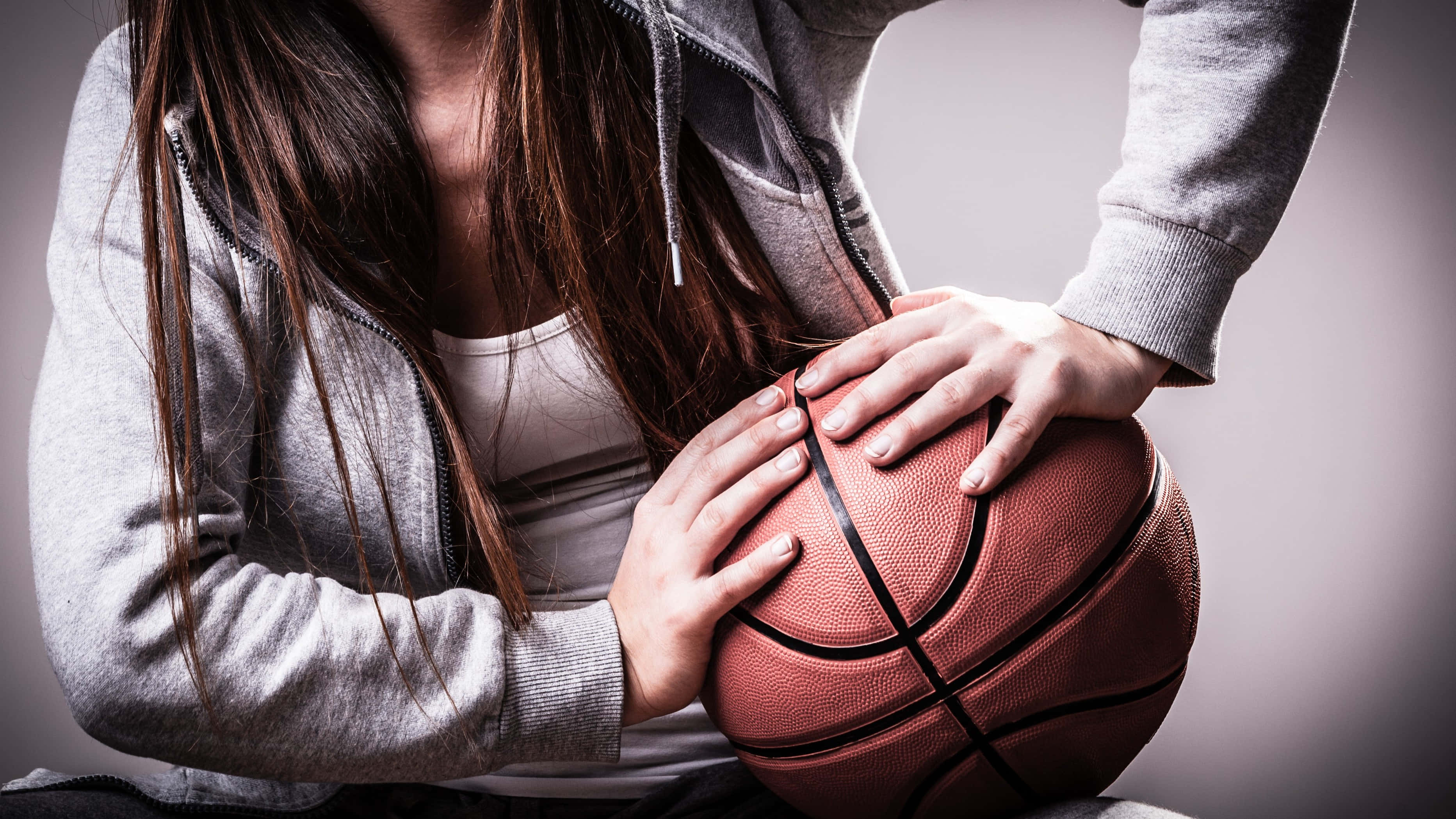 basketball girl, gray hoodie, textured orange basketball, 2K Desktop Wallpaper