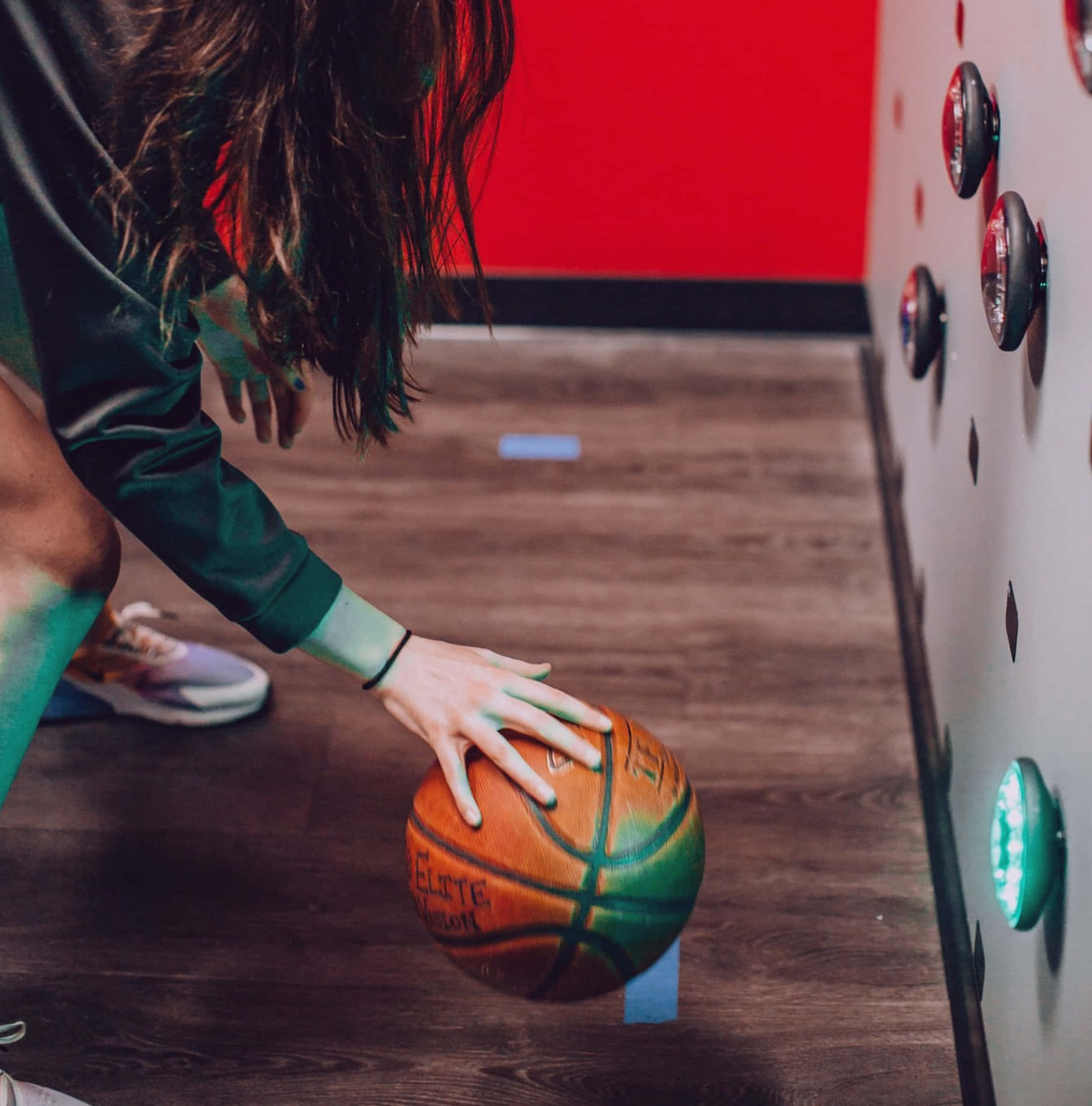 green jacket, basketball, wooden floor, HD Phone Wallpaper