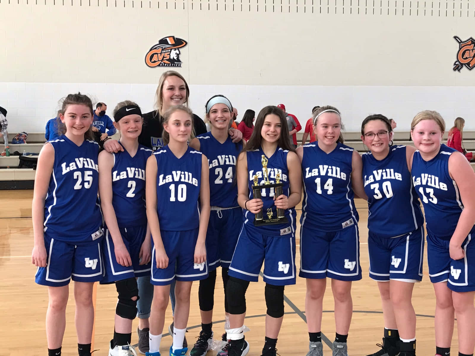girls basketball team, blue uniforms, trophy, HD Desktop Wallpaper