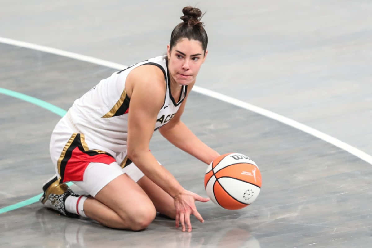 female basketball player, white gold and red uniform, polished court, SD Desktop Wallpaper