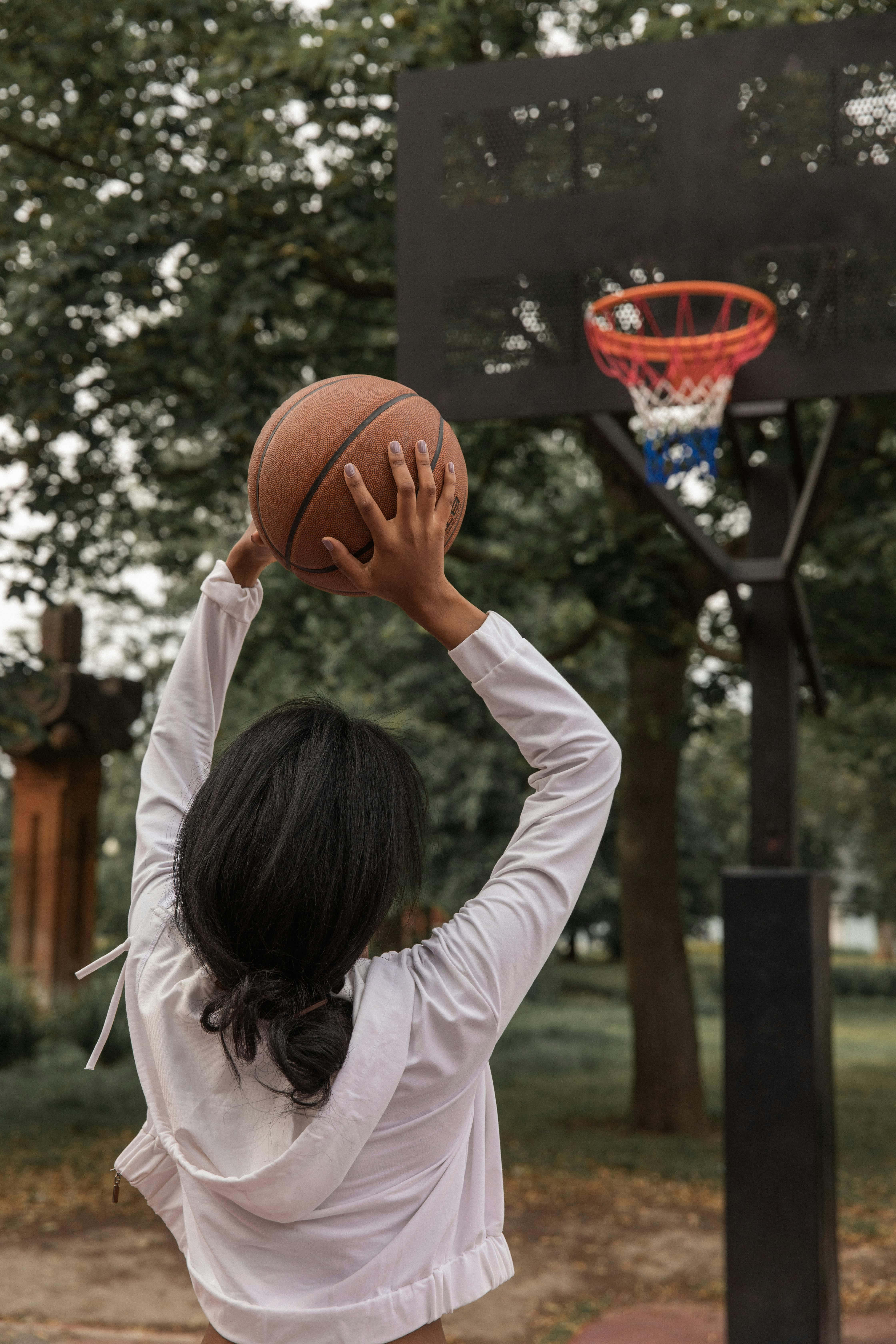 basketball shotin park aesthetic, white hoodie, leafy outdoor court, 5K Phone Wallpaper