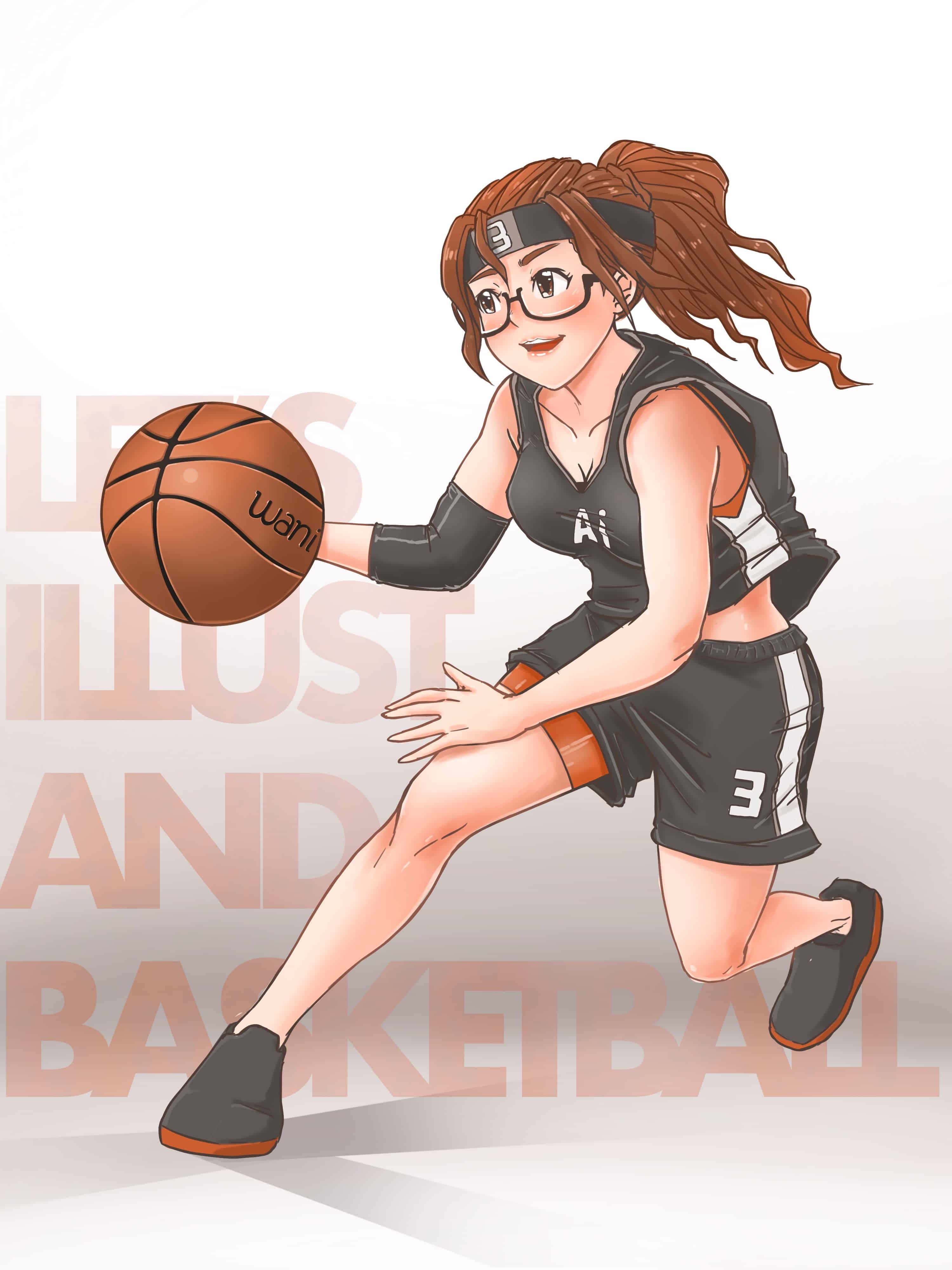 anime girl, black basketball gear, brown basketball, 4K Phone Wallpaper