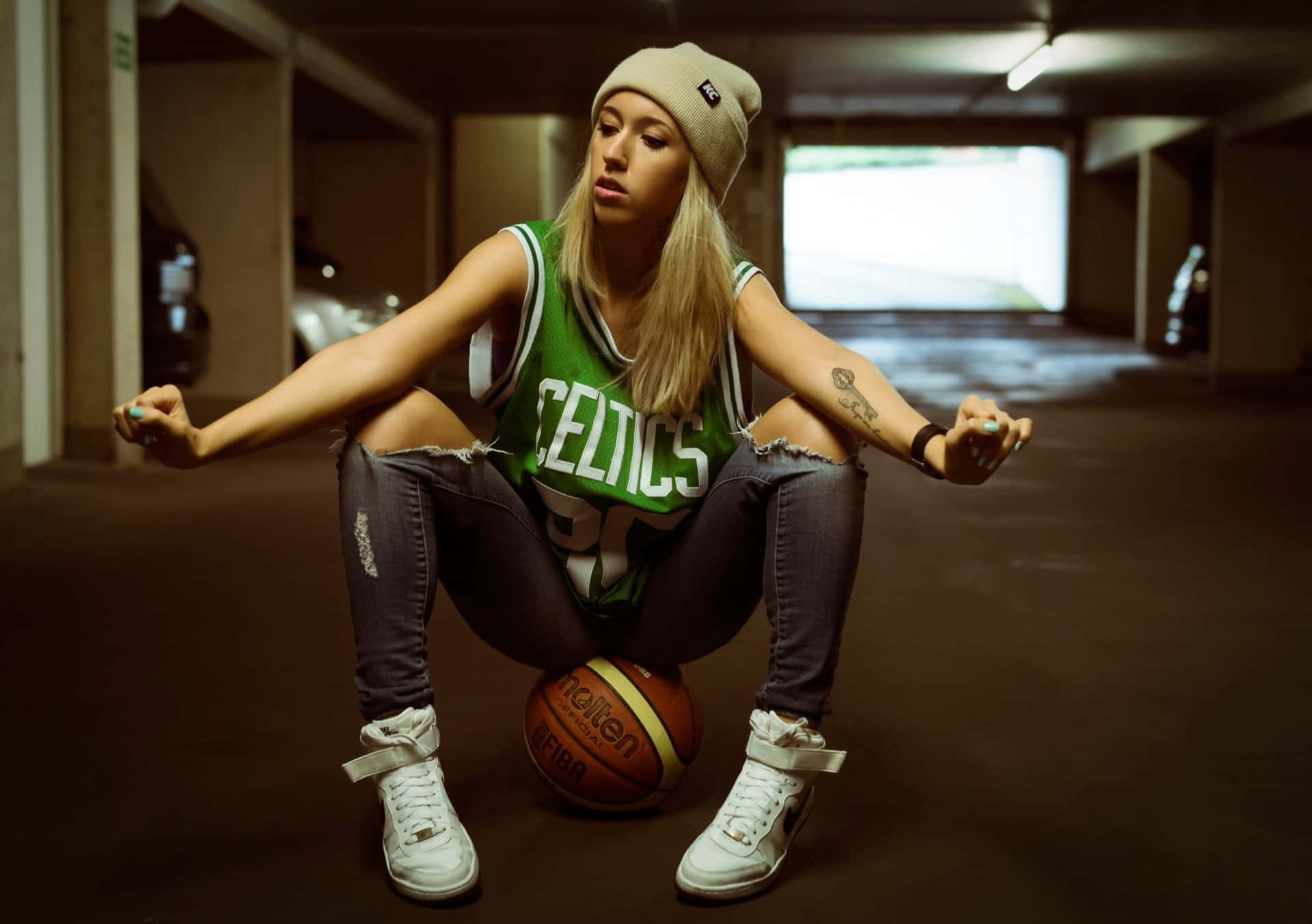 green Celtics jersey, beige beanie, basketball, Full HD Desktop Wallpaper
