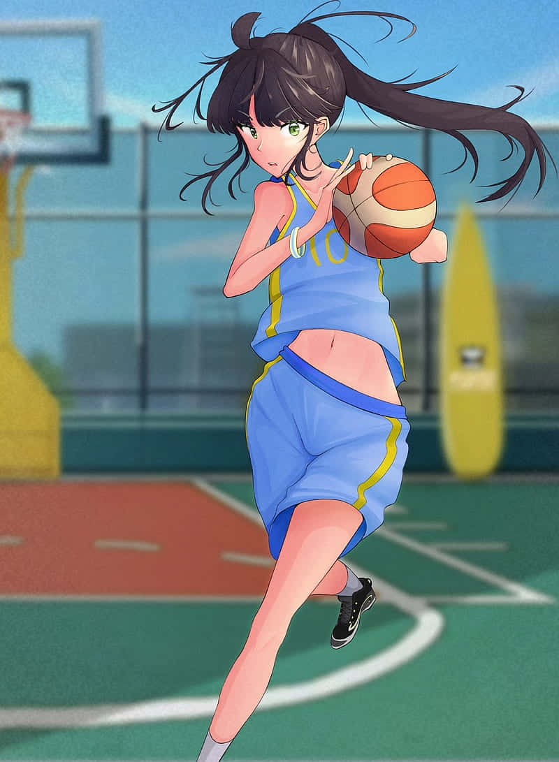 anime girl, blue and yellow basketball gear, dribbles a ball, SD Phone Wallpaper