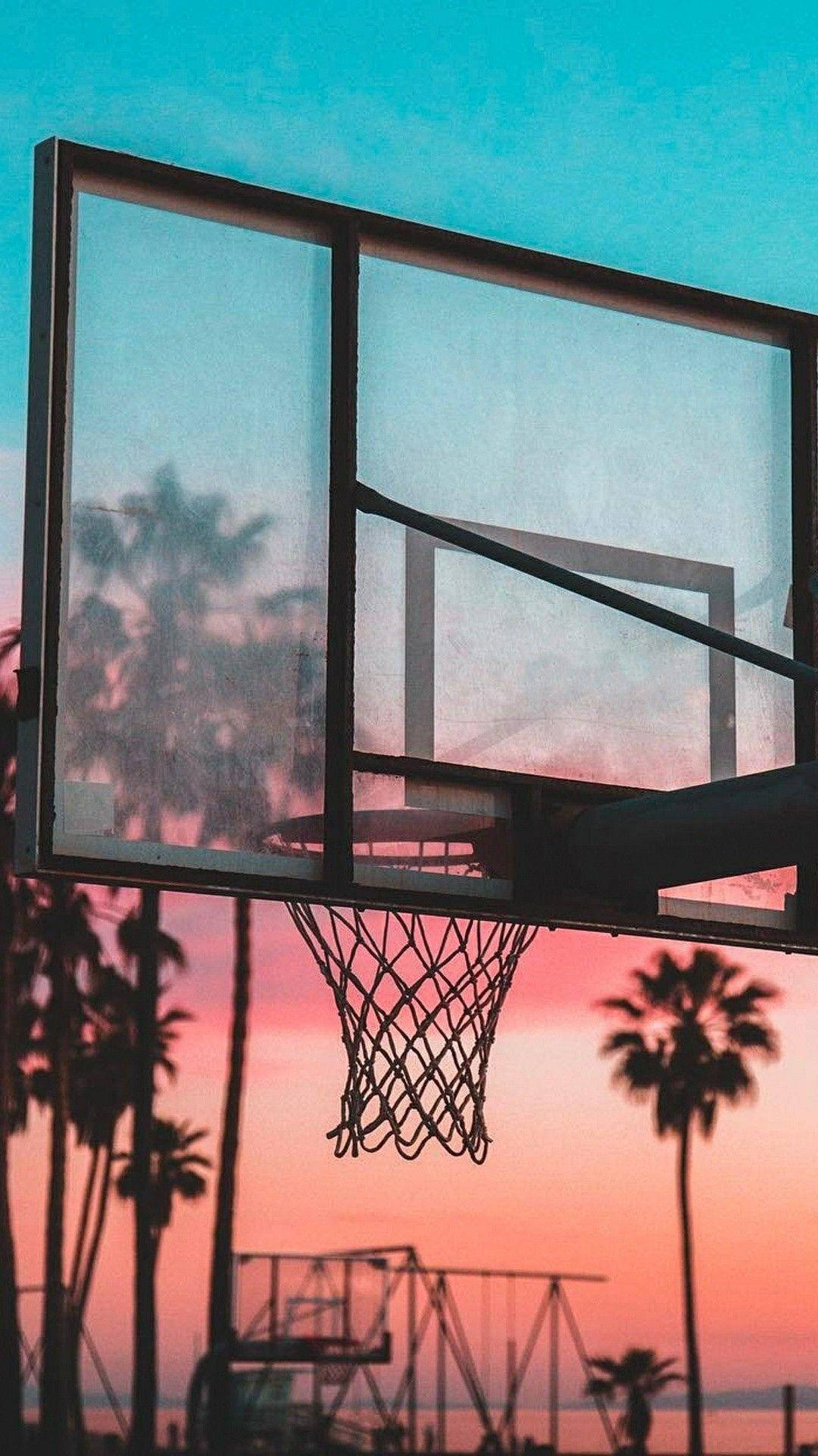 Basketball iPhone, court by the sea, vibrant sunset sky, Full HD Phone Wallpaper