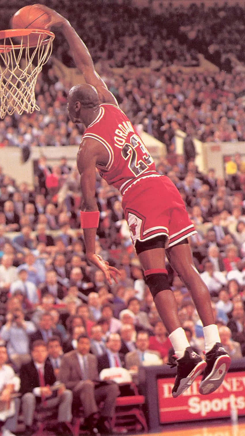 Michael Jordan, red Chicago Bulls jersey, dunking a basketball, HD Phone Wallpaper