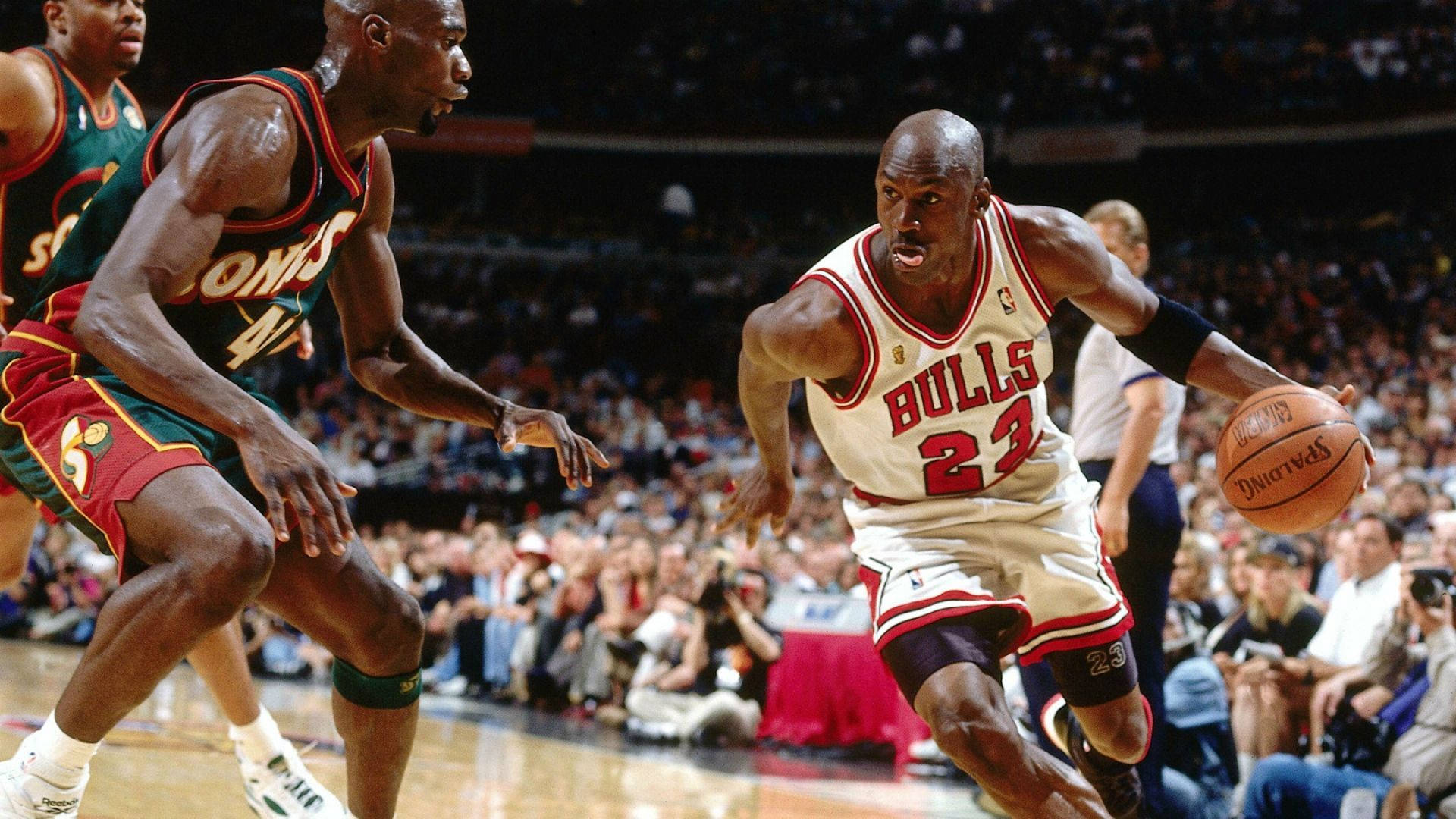 Michael Jordan, white Bulls jersey, arena lights, Full HD Desktop Wallpaper