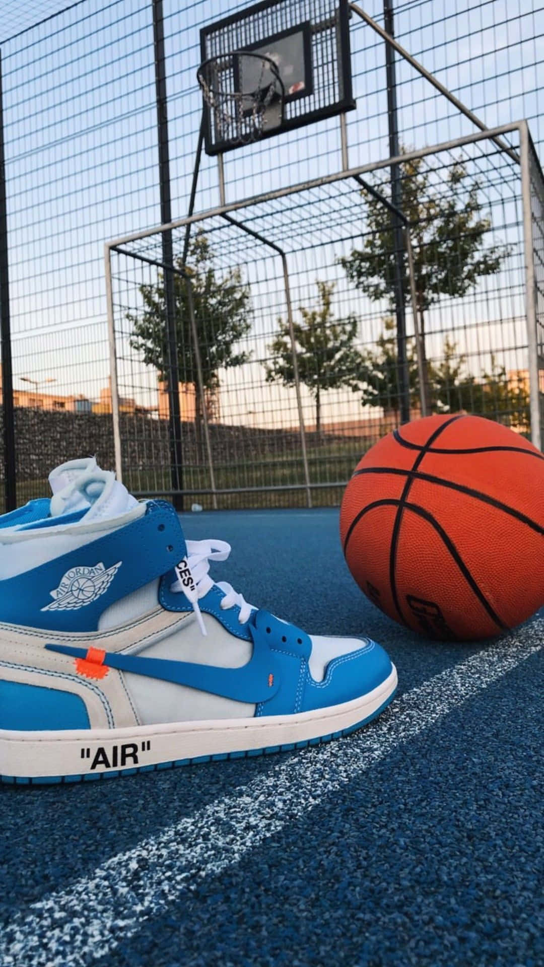 blue and white sneaker, orange basketball, blue court, Full HD Phone Wallpaper