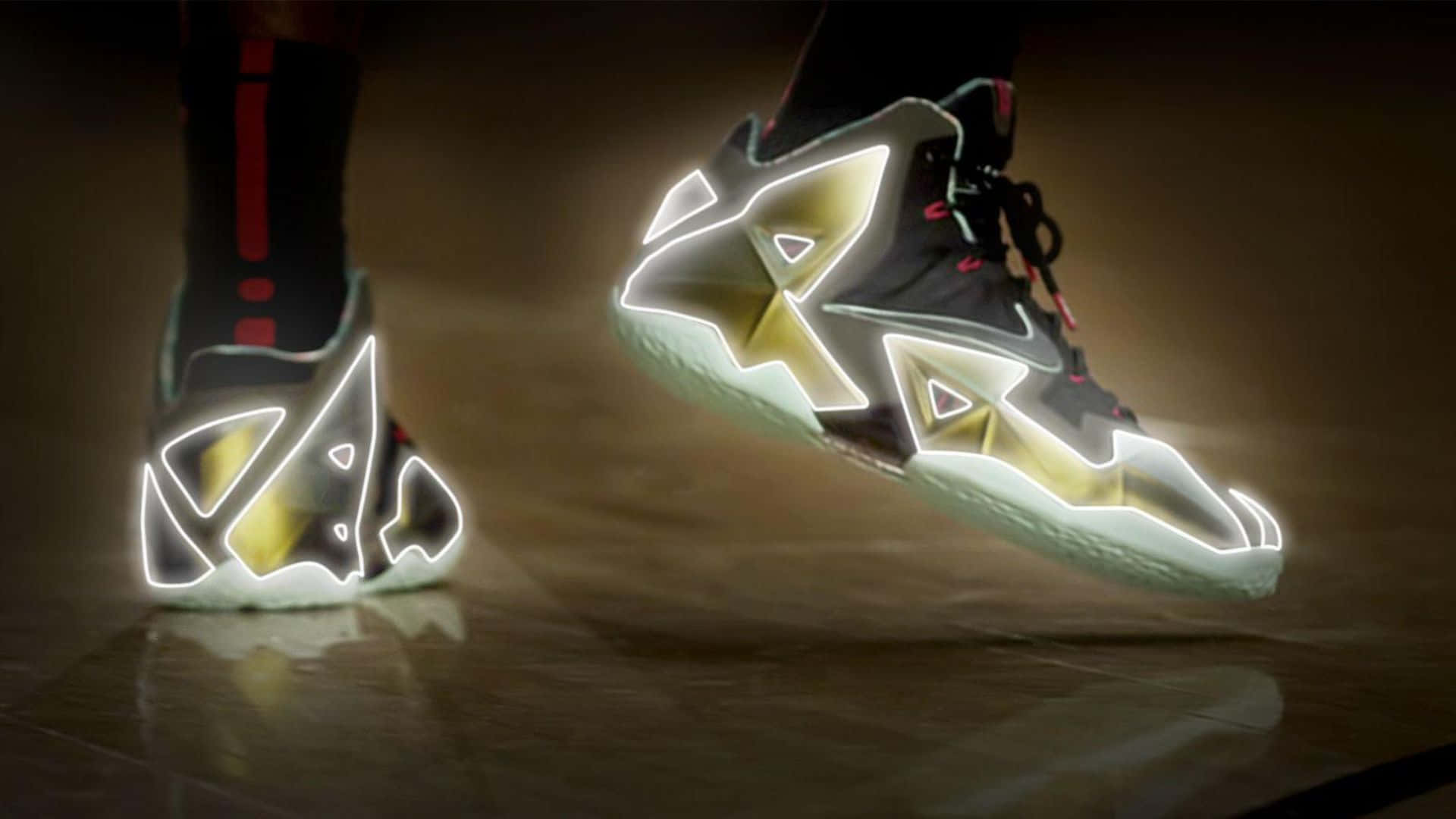 glowing futuristic sneakers, neon white and gold accents, reflective wooden floor, Full HD Desktop Wallpaper