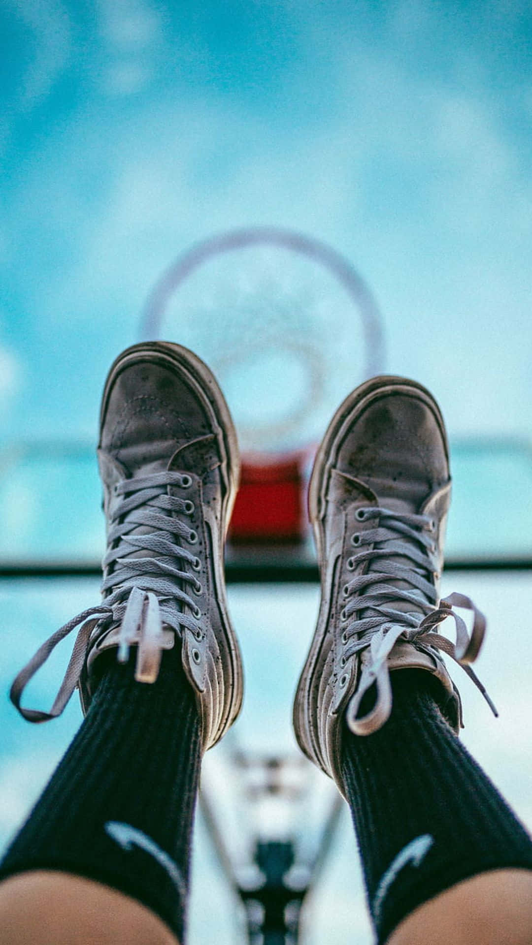 basketball shoes, basketball hoop, bright blue sky, Full HD Phone Wallpaper