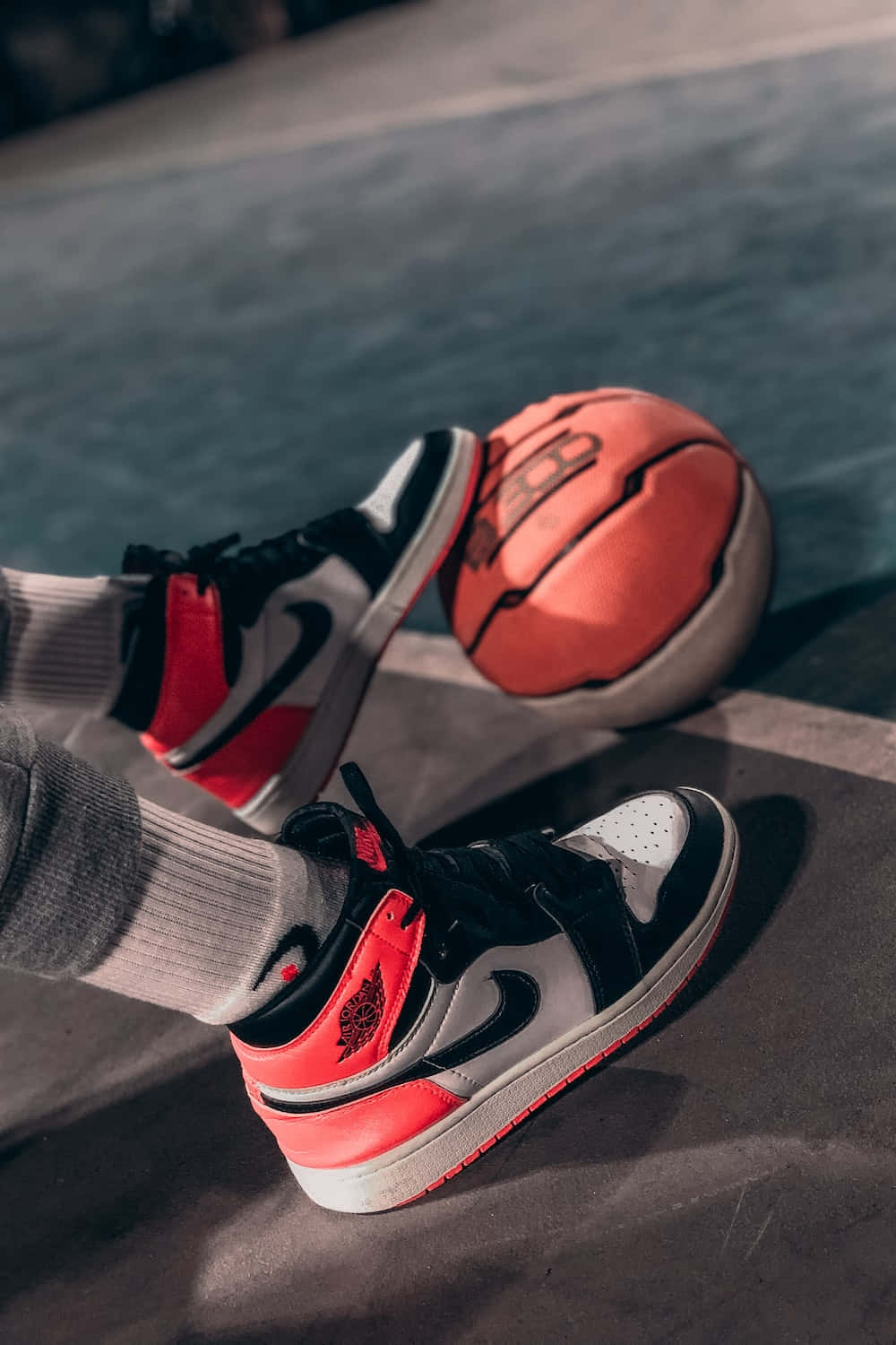 red black and white sneakers, orange basketball, concrete court, HD Phone Wallpaper