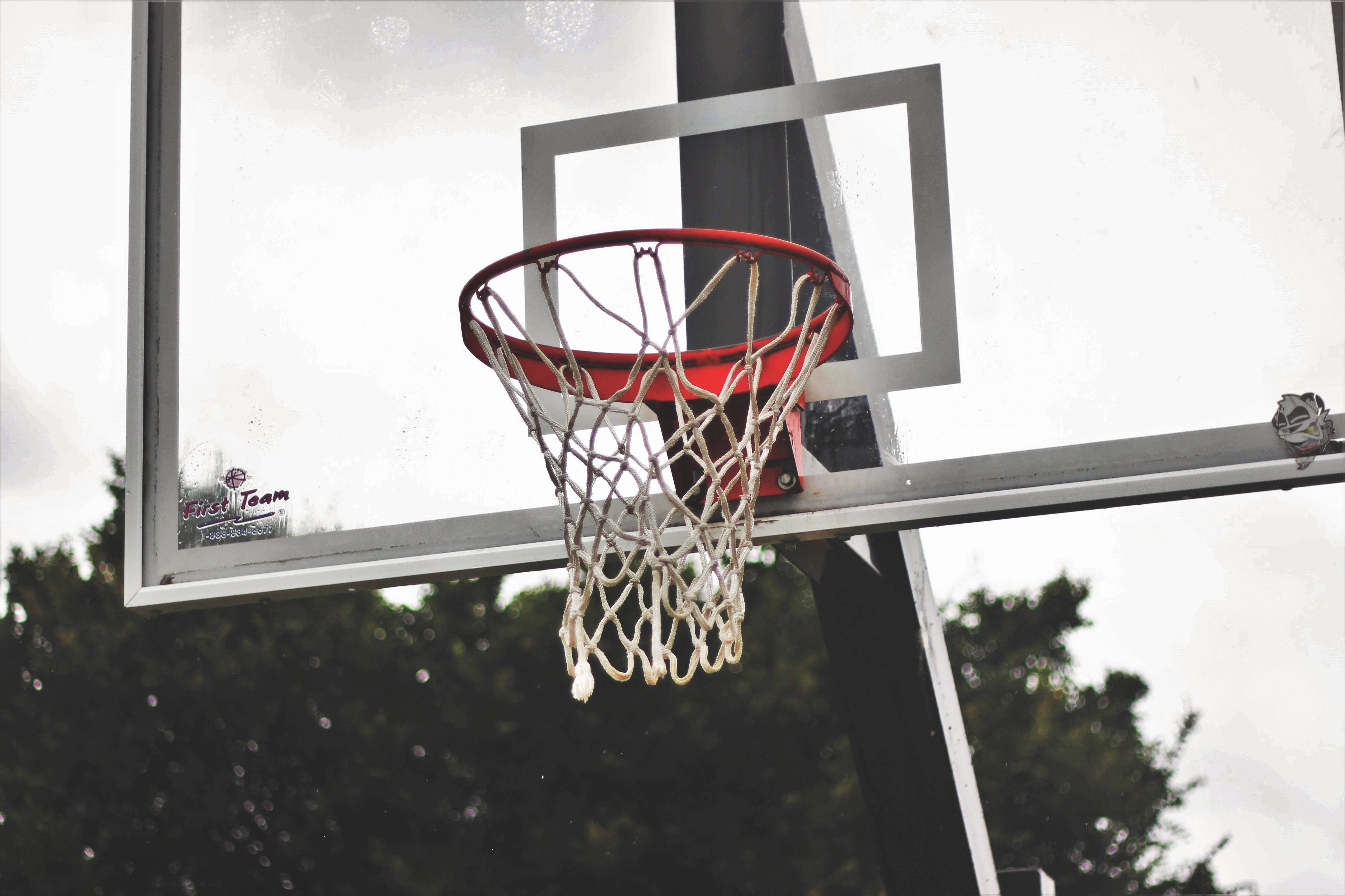 basketball hoop, red rim, frayed white net, 4K Desktop Wallpaper