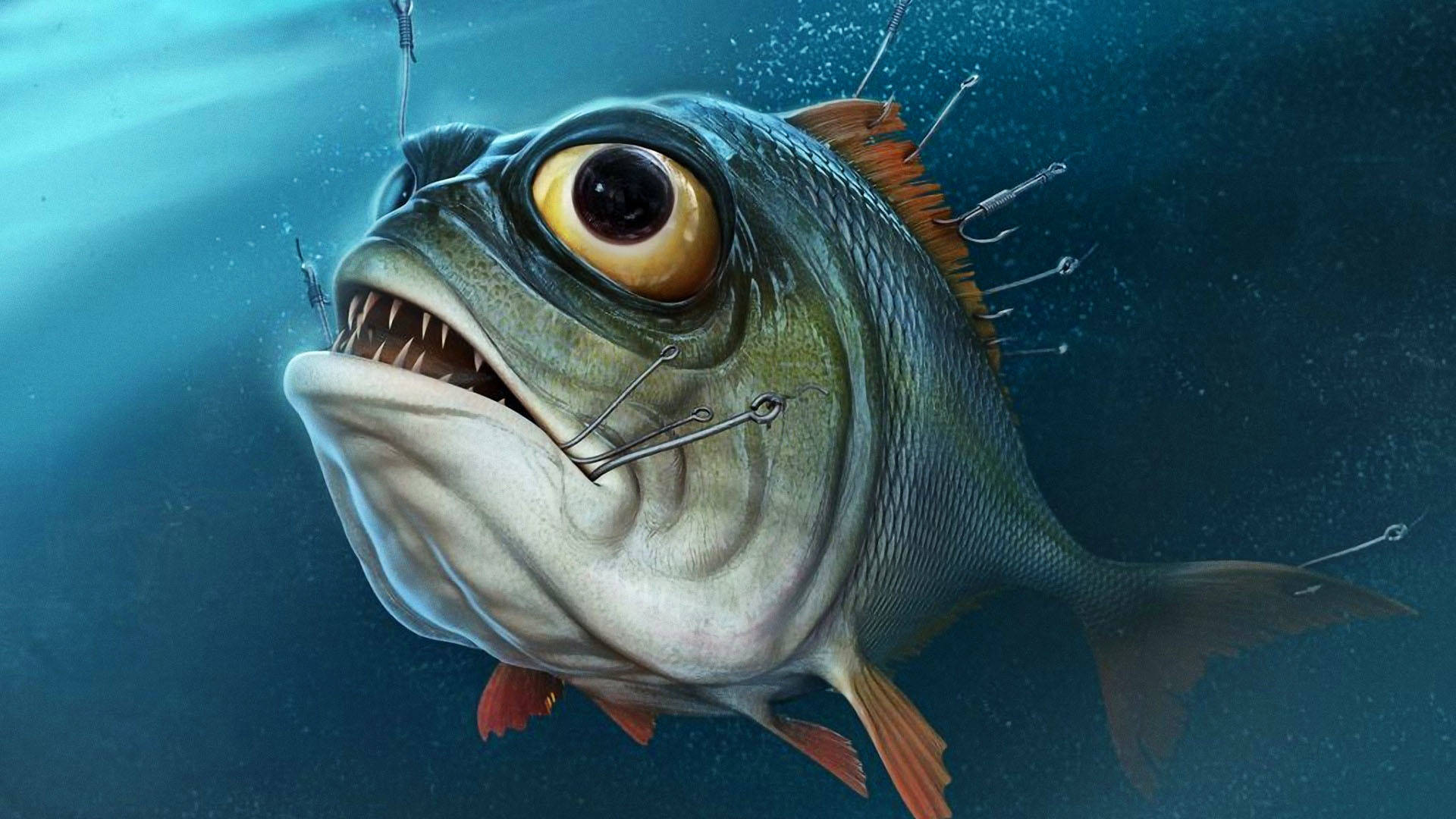Bass Fishing, grotesque fish, multiple hooks, Full HD Desktop Wallpaper