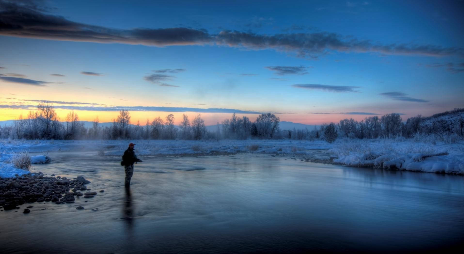 Bass Fishing, sunset, misty winter river, HD Desktop Wallpaper