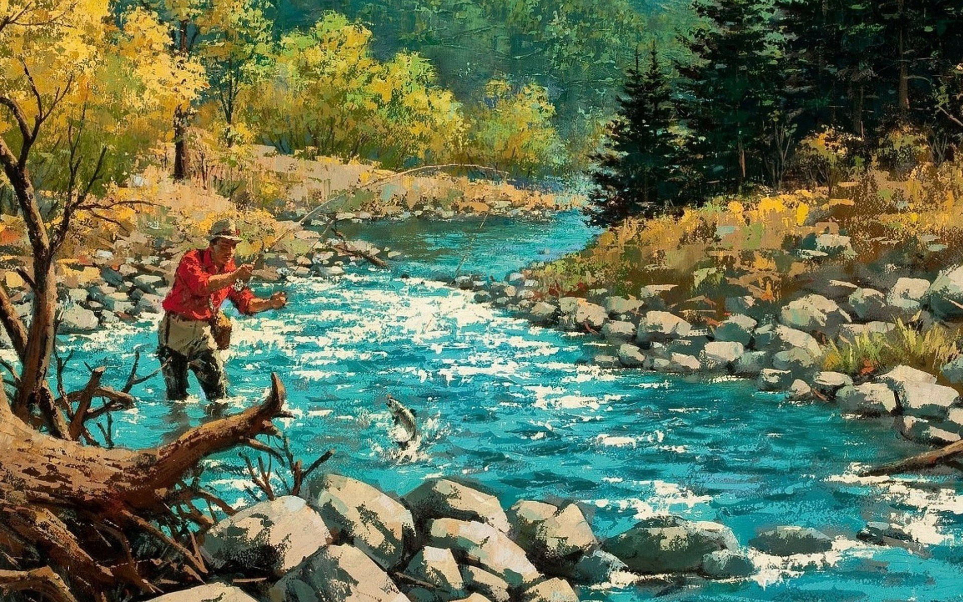 bass fishing, red shirt, turquoise river, Full HD Desktop Wallpaper