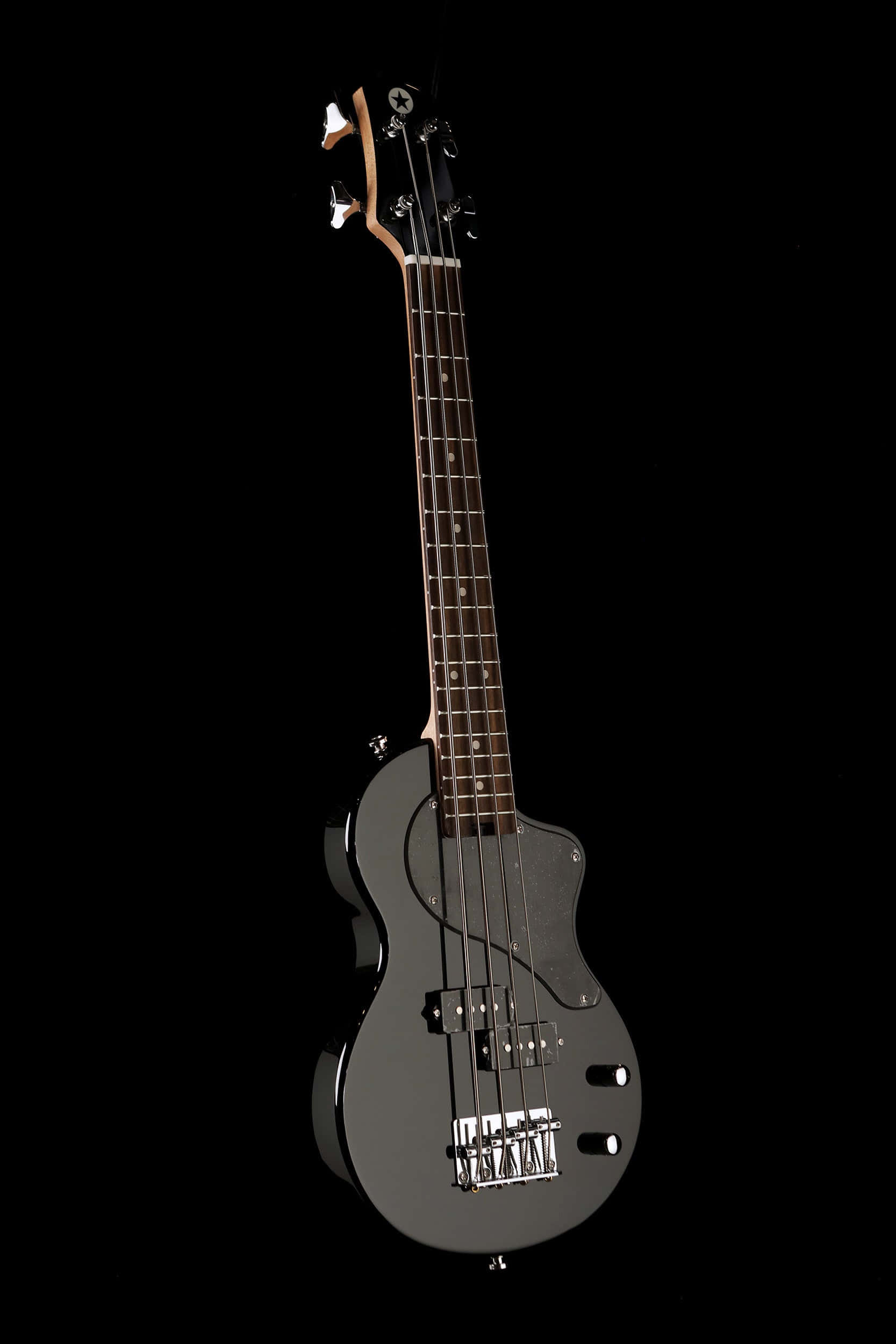 sleek black electric bass guitar, silver hardware, pure black background, Full HD Phone Wallpaper