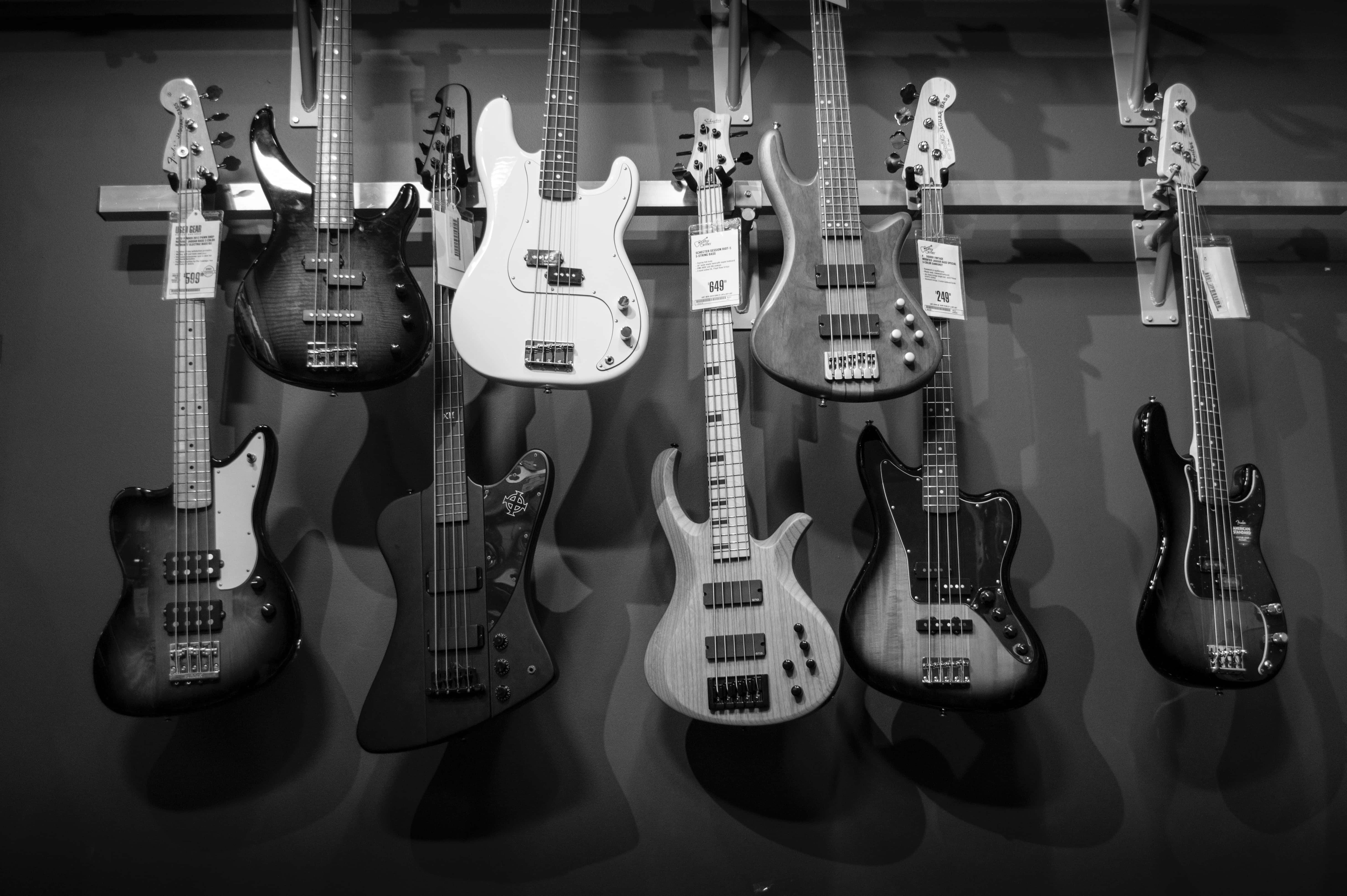 bass guitar, music store, monochrome display, 5K Desktop Wallpaper